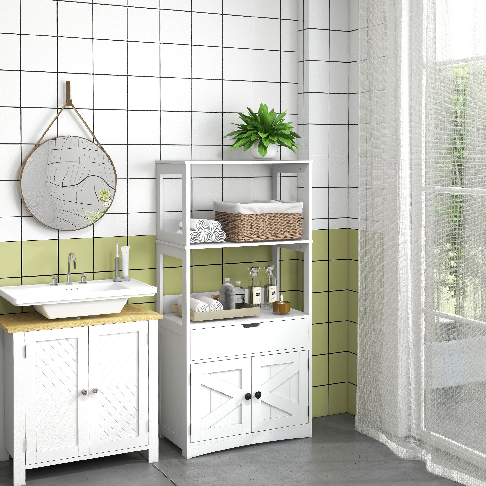 kleankin Bathroom Cabinet, Modern Bathroom Storage Cabinet, Linen Cabinet with Barn Doors, Drawer and 2 Open Shelves, White