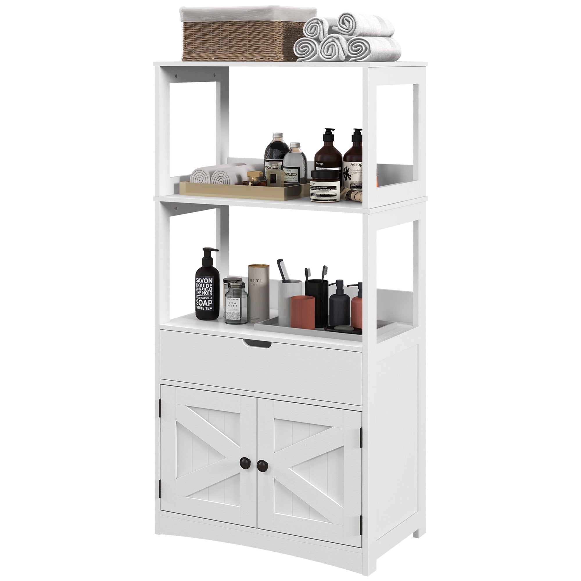 kleankin Bathroom Cabinet, Modern Bathroom Storage Cabinet, Linen Cabinet with Barn Doors, Drawer and 2 Open Shelves, White