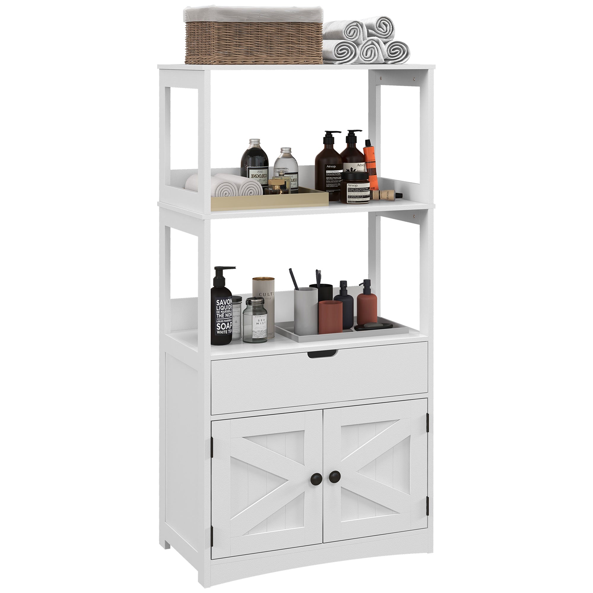 kleankin Bathroom Cabinet, Modern Bathroom Storage Cabinet, Linen Cabinet with Barn Doors, Drawer and 2 Open Shelves, White