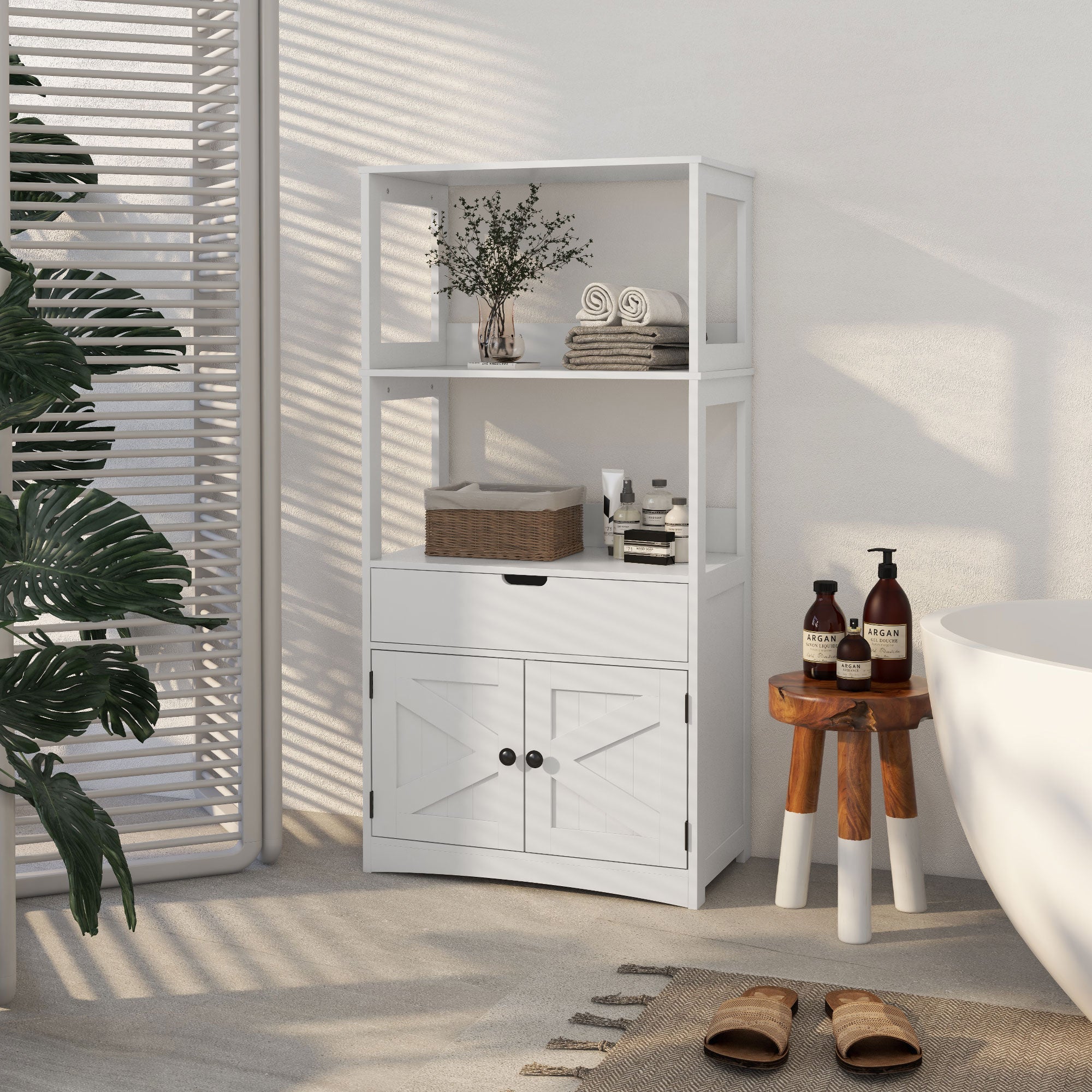 kleankin Bathroom Cabinet, Modern Bathroom Storage Cabinet, Linen Cabinet with Barn Doors, Drawer and 2 Open Shelves, White