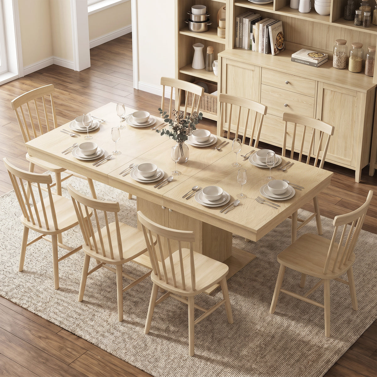 Extendable Dining Room Table for 6-8, 55"-71" Rectangle Kitchen Dining Table with Cabinet, Adjustable Shelf, Mid Century Modern Dinner Furniture, Living Room, Natural Wood
