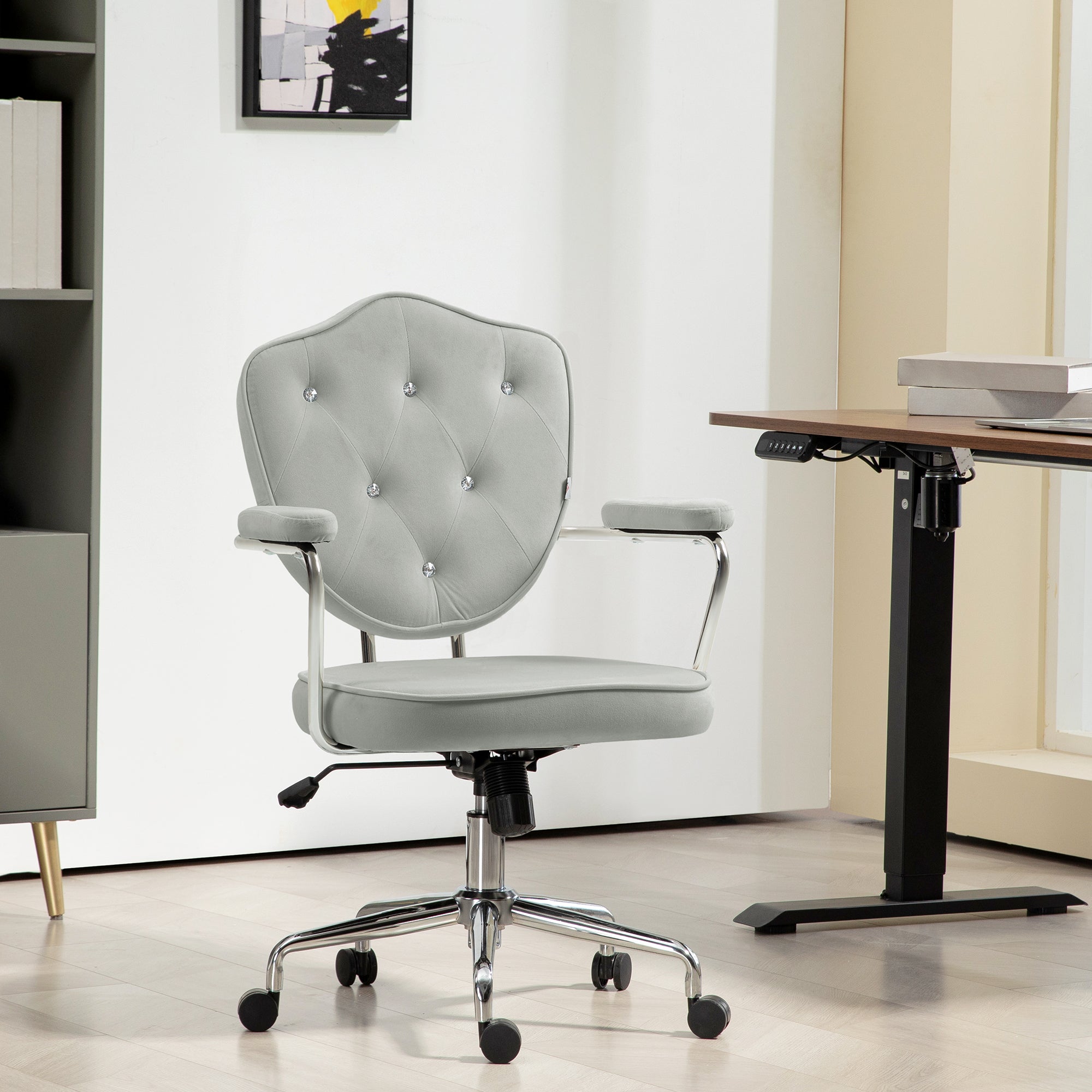 Cute Office Chair Desk Chair with Button Tufted Velvet Feel Fabric Swivel Vanity Chair Gray