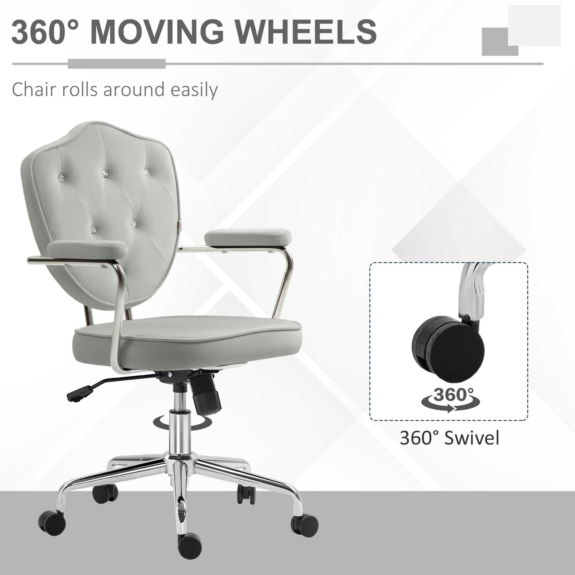 Cute Office Chair Desk Chair with Button Tufted Velvet Feel Fabric Swivel Vanity Chair Gray