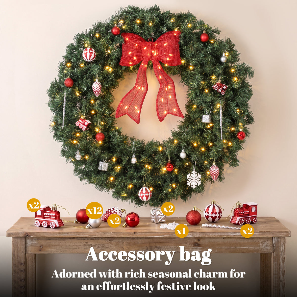 36 Inch Pre-Lit Christmas Wreath for Front Door with 130 LED Lights, Lighted Bow and 21 Ornament Set, Artificial Xmas Wreath for Covered Porch, Wall Decoration, Green