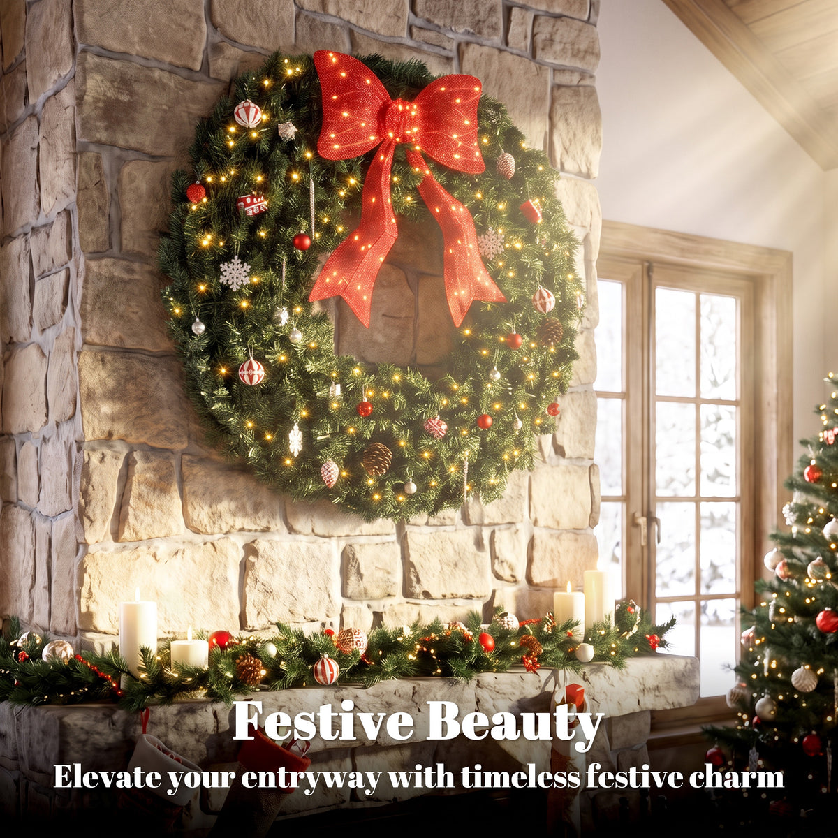 36 Inch Pre-Lit Christmas Wreath for Front Door with 130 LED Lights, Lighted Bow and 21 Ornament Set, Artificial Xmas Wreath for Covered Porch, Wall Decoration, Green