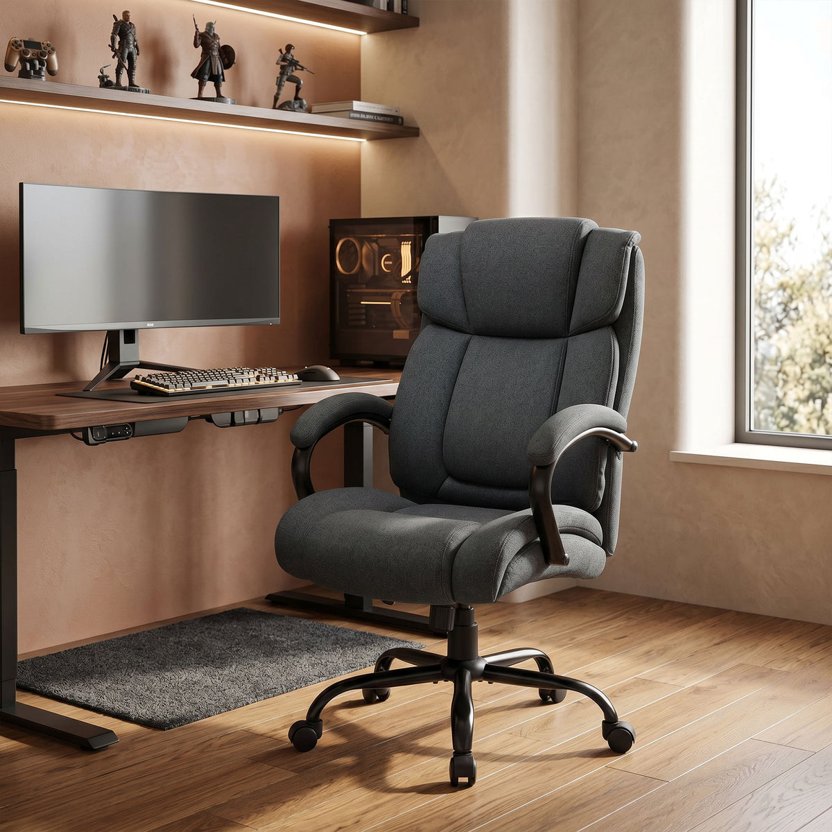 Executive Office Chair with Spring Padding, Linen Computer Desk Chair with Swivel Wheels, High Back, Height Adjustable, Charcoal Grey