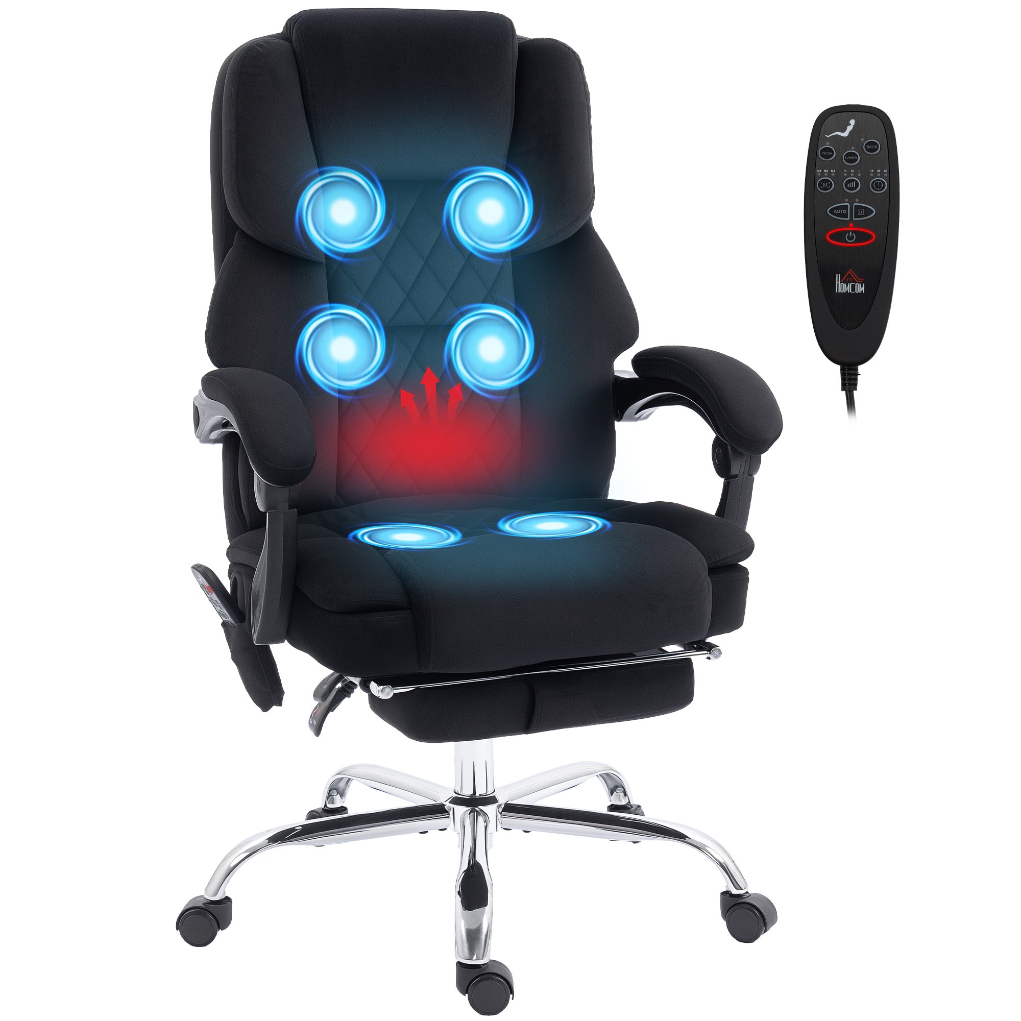Office Chair with 6-point Vibration Massage and Heat, Velvet-feel Fabric Desk Chair with Footrest, Linkage Armrests, High Back, Adjustable Height, 135° Reclining for Home Office, Black