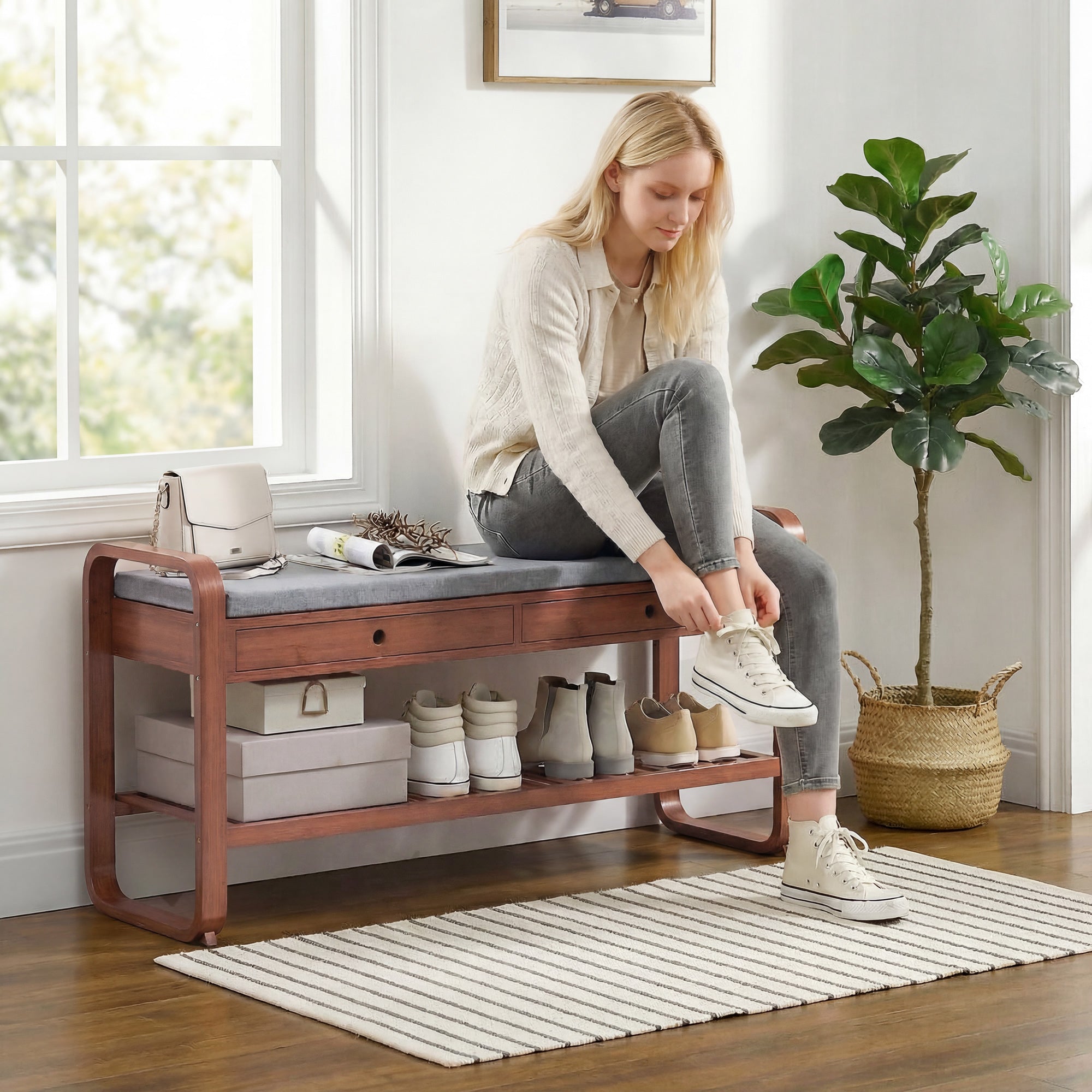 Shoe Bench with 2 Drawers, Shoe Storage Bench with Cushioned Seat, Storage Shelf and Bamboo Frame, 130 kg Weight Capacity, 105 x 33.2 x 55 cm, Dark Brown and Grey