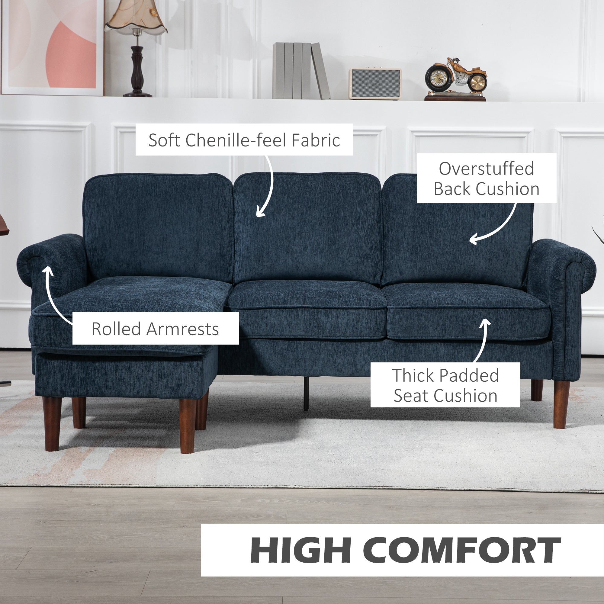 HOMCOM Convertible Sectional Sofa with Reversible Chaise Lounge, Modern Sectional Couch with Wooden Legs, L Shape Corner Sofa for Living Room, Dark Blue