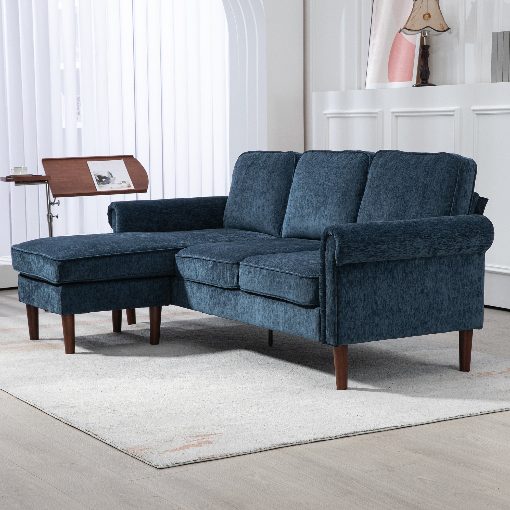 HOMCOM Convertible Sectional Sofa with Reversible Chaise Lounge, Modern Sectional Couch with Wooden Legs, L Shape Corner Sofa for Living Room, Dark Blue