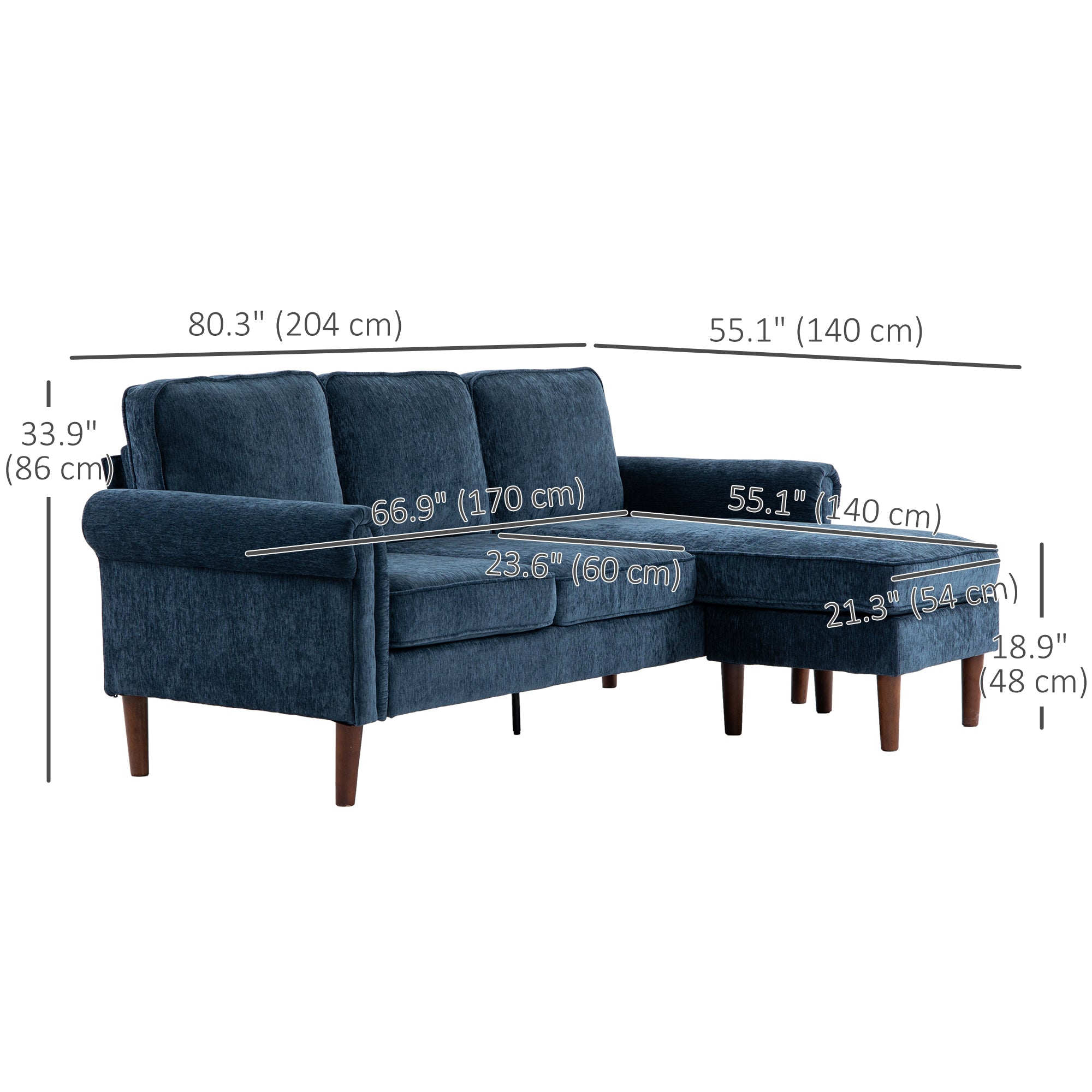 HOMCOM Convertible Sectional Sofa with Reversible Chaise Lounge, Modern Sectional Couch with Wooden Legs, L Shape Corner Sofa for Living Room, Dark Blue