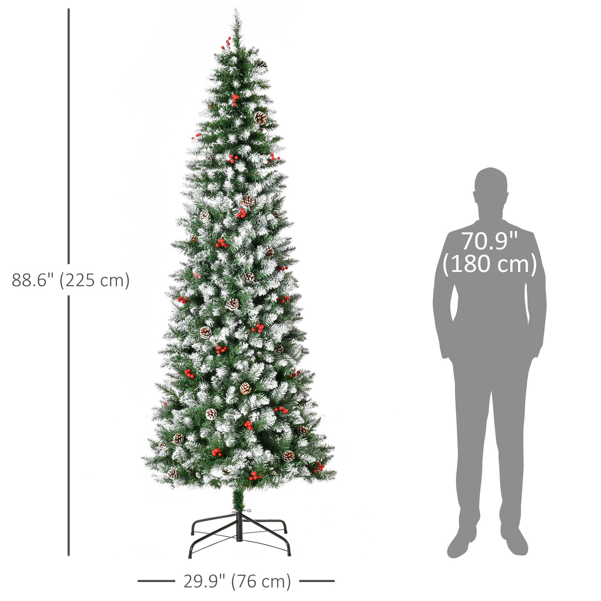 HOMCOM 7.5 ft Snow Flocked Pencil Christmas Tree, Slim Prelit Artificial Tree, Holiday Decoration with LED Lights, Pine Cones, Red Berries, Green