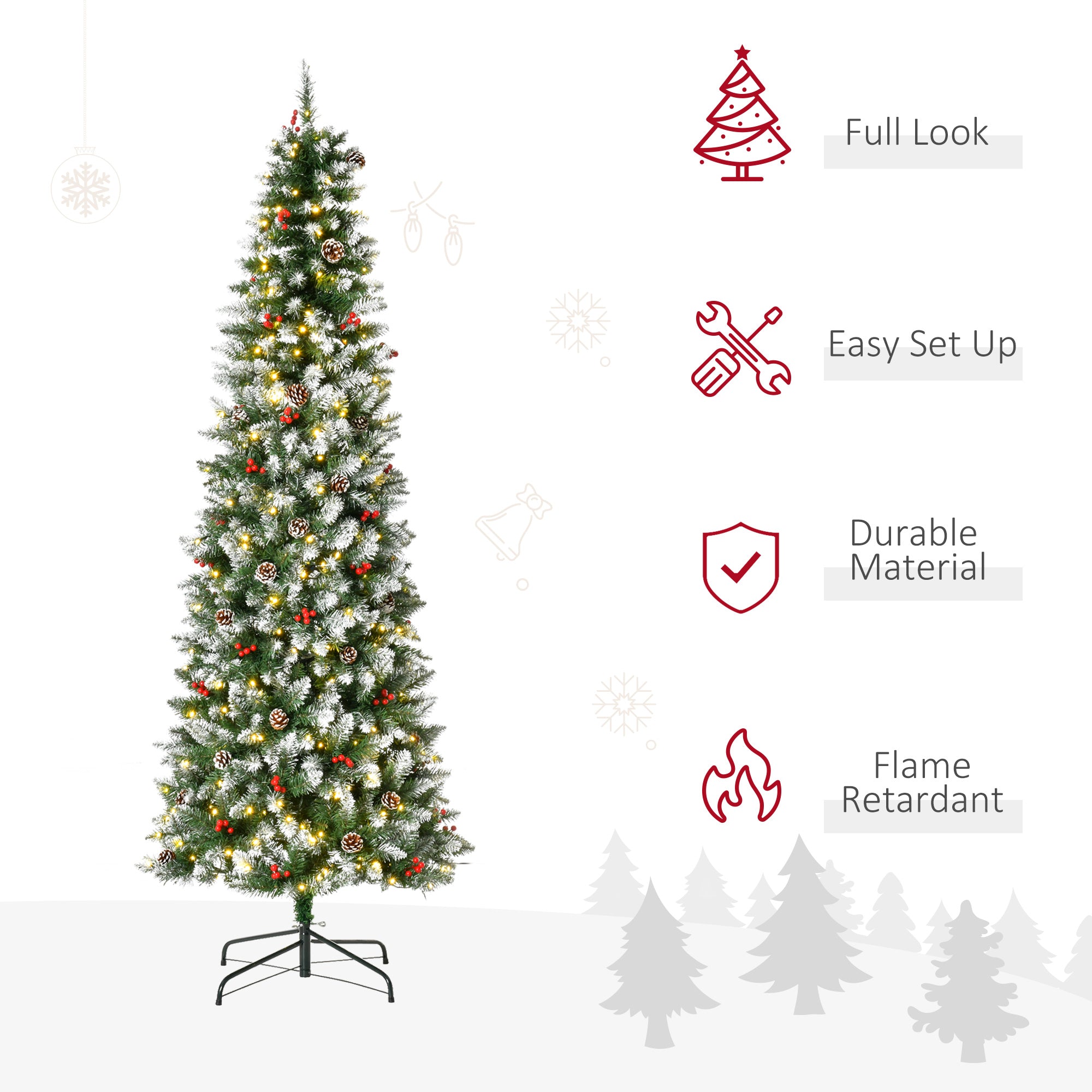 HOMCOM 7.5 ft Snow Flocked Pencil Christmas Tree, Slim Prelit Artificial Tree, Holiday Decoration with LED Lights, Pine Cones, Red Berries, Green