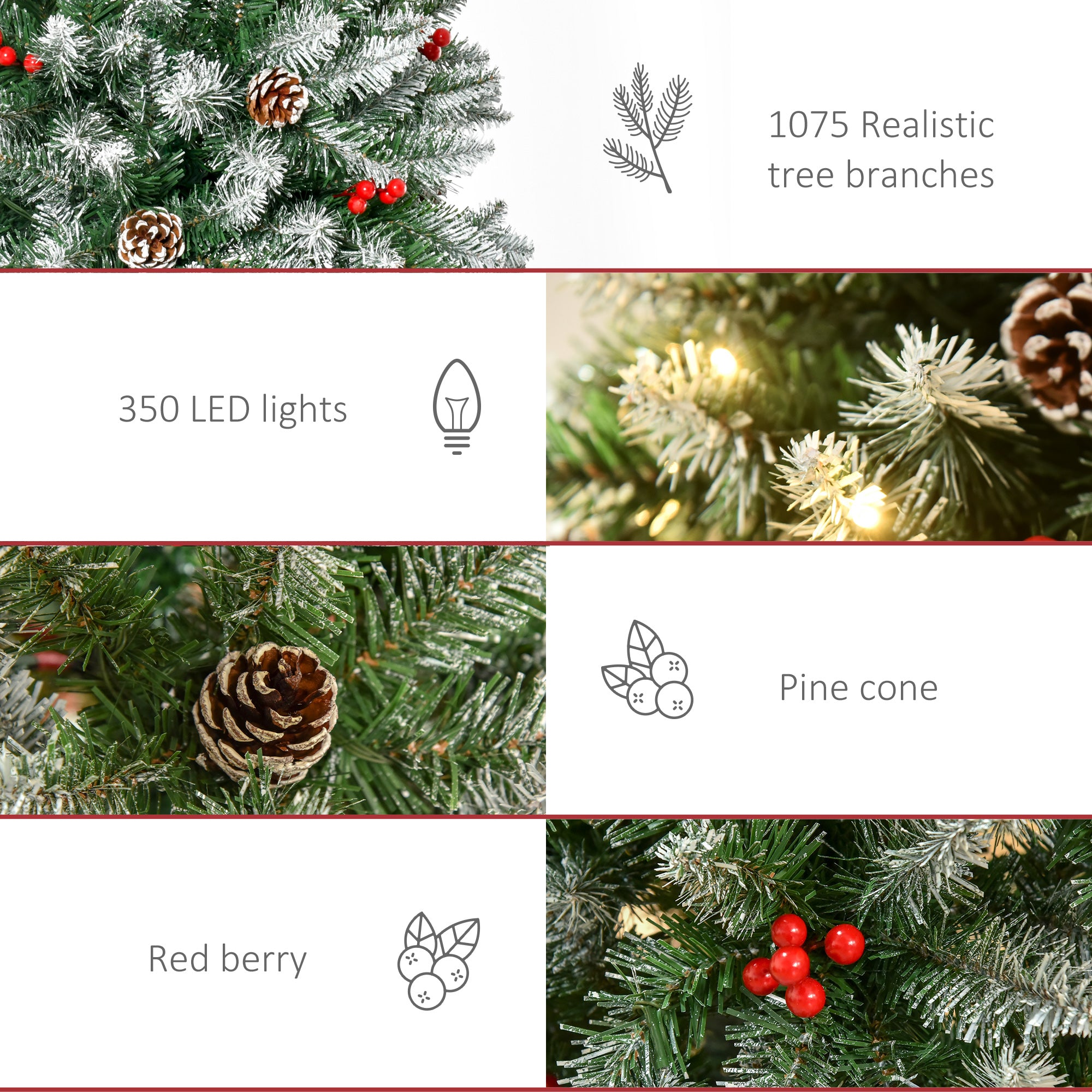 HOMCOM 7.5 ft Snow Flocked Pencil Christmas Tree, Slim Prelit Artificial Tree, Holiday Decoration with LED Lights, Pine Cones, Red Berries, Green