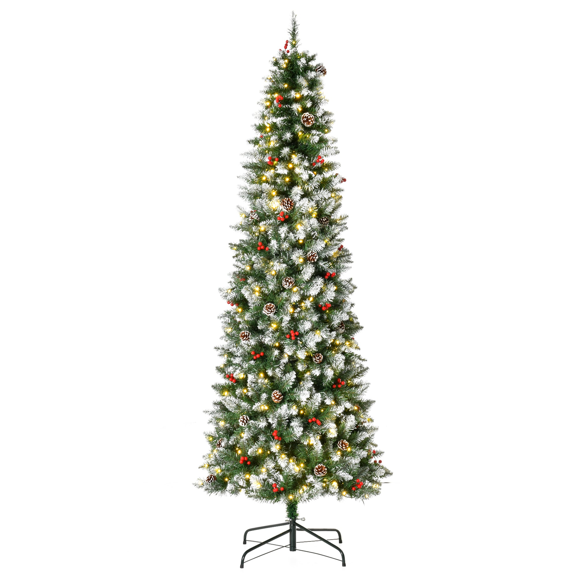 HOMCOM 7.5 ft Snow Flocked Pencil Christmas Tree, Slim Prelit Artificial Tree, Holiday Decoration with LED Lights, Pine Cones, Red Berries, Green