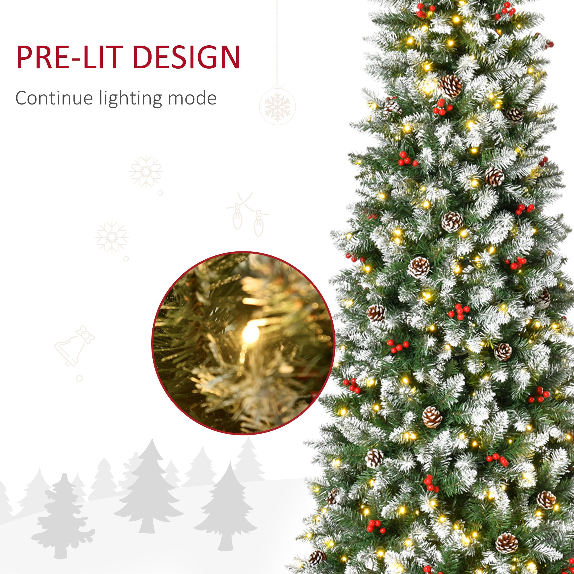 HOMCOM 7.5 ft Snow Flocked Pencil Christmas Tree, Slim Prelit Artificial Tree, Holiday Decoration with LED Lights, Pine Cones, Red Berries, Green