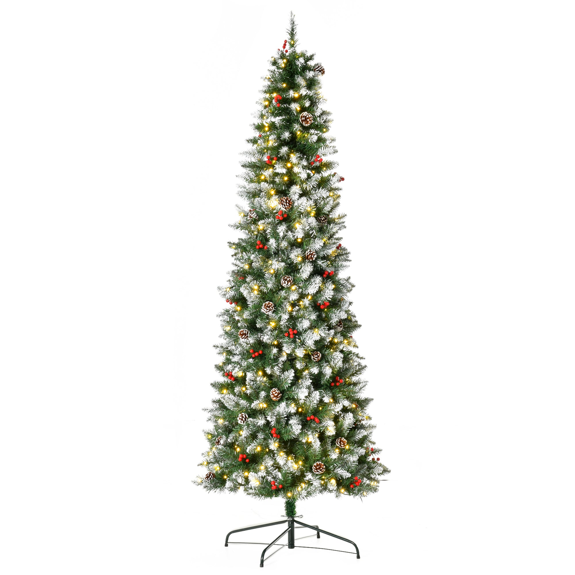 HOMCOM 7.5 ft Snow Flocked Pencil Christmas Tree, Slim Prelit Artificial Tree, Holiday Decoration with LED Lights, Pine Cones, Red Berries, Green