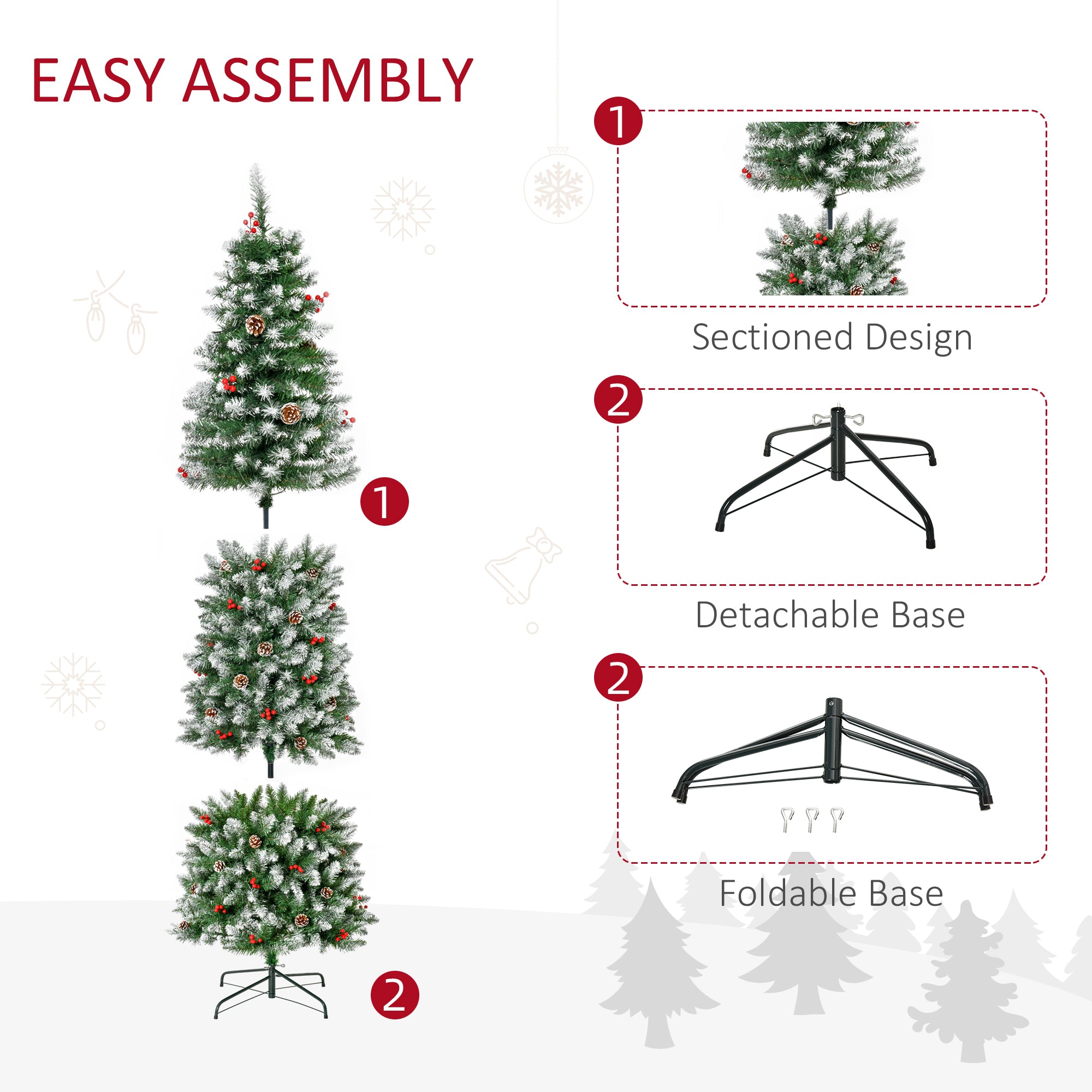 HOMCOM 7.5 ft Snow Flocked Pencil Christmas Tree, Slim Prelit Artificial Tree, Holiday Decoration with LED Lights, Pine Cones, Red Berries, Green