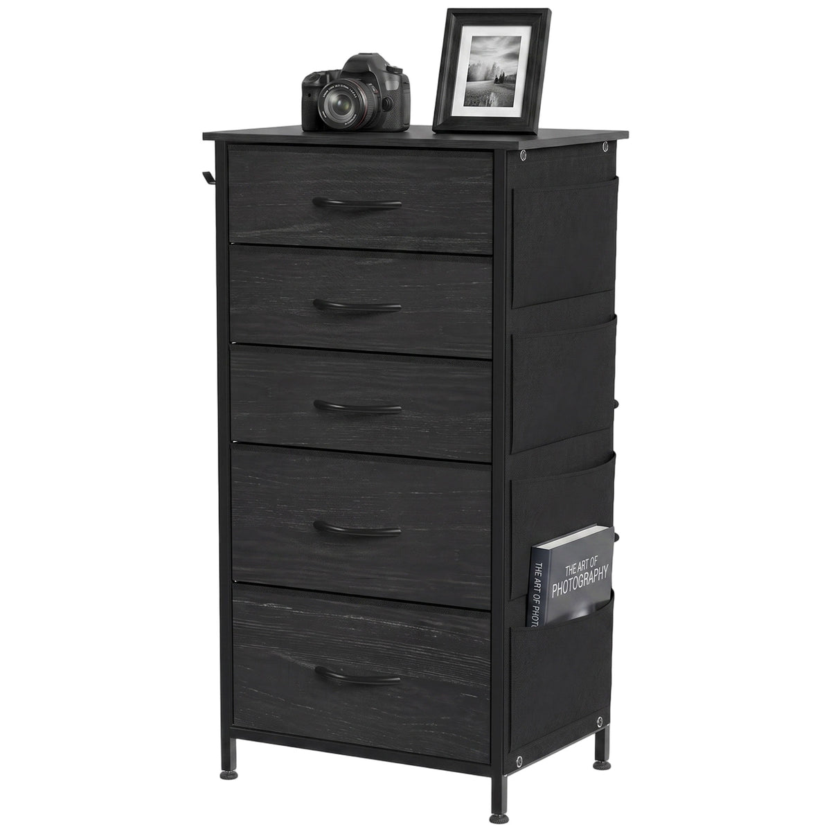 Chest of Drawers, Dresser for Bedroom with 5 Fabric Drawers, Tall Storage Unit with 4 Pockets, 2 Hooks and Steel Frame for Living Room, Hallway, Black