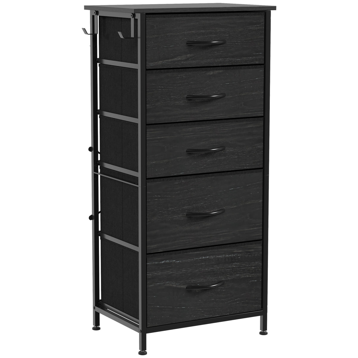 Chest of Drawers, Dresser for Bedroom with 5 Fabric Drawers, Tall Storage Unit with 4 Pockets, 2 Hooks and Steel Frame for Living Room, Hallway, Black