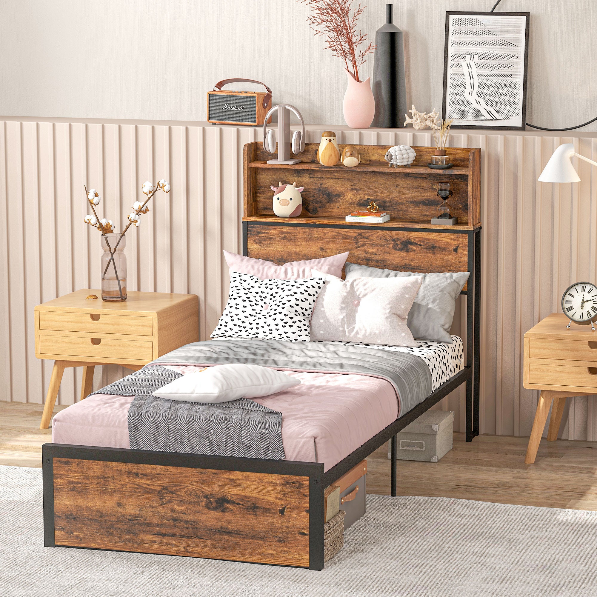HOMCOM Industrial Single Bed Frame, 3.1FT Steel Bed Base with Storage Headboard, Footboard, Slatted Support and Under Bed Storage, 95 x 209cm, Rustic Brown