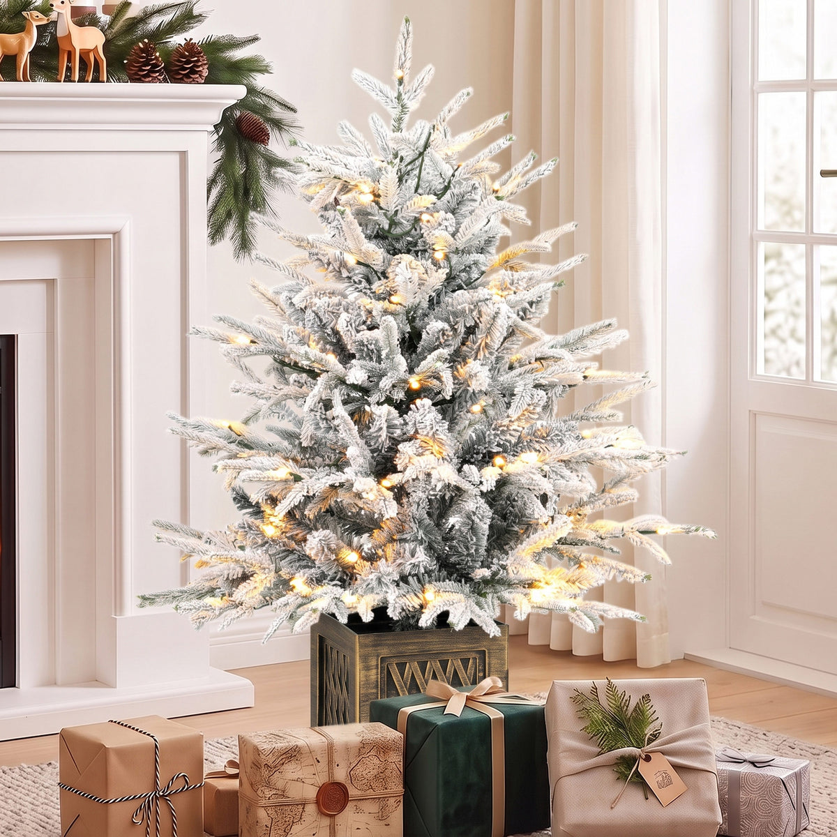90 cm Prelit Flocked Christmas Tree, Artificial Table Christmas Tree with 70 Warm White LED Lights, 488 Tips, Base Stand, Green White