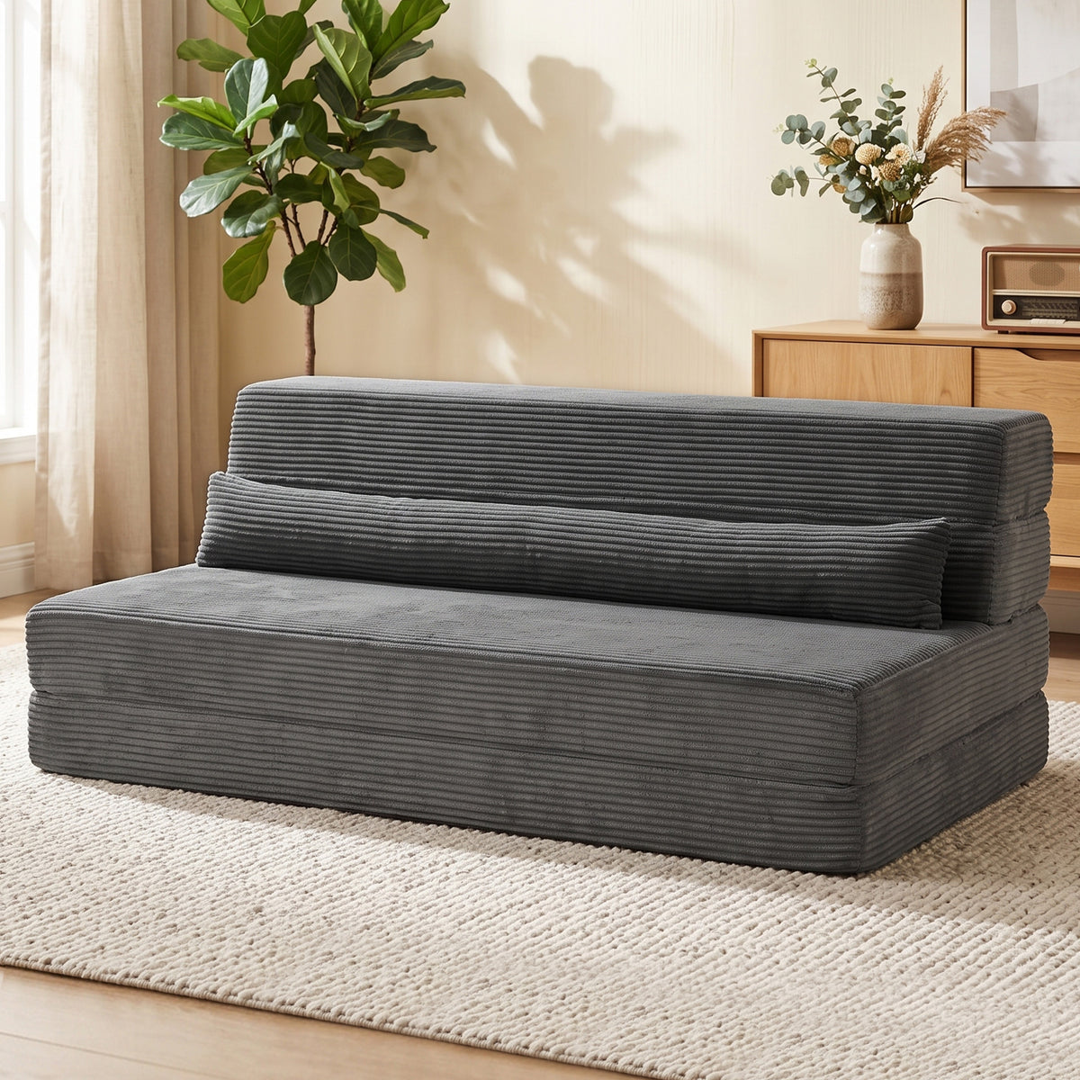 54" Folding Sofa Bed, Boneless Cloud Corduroy Sleeper Floor Chair, Floor Sofa with Back Support, Thick Cushion, Lumbar Pillow, Side Pockets for Living Room, Dark Grey