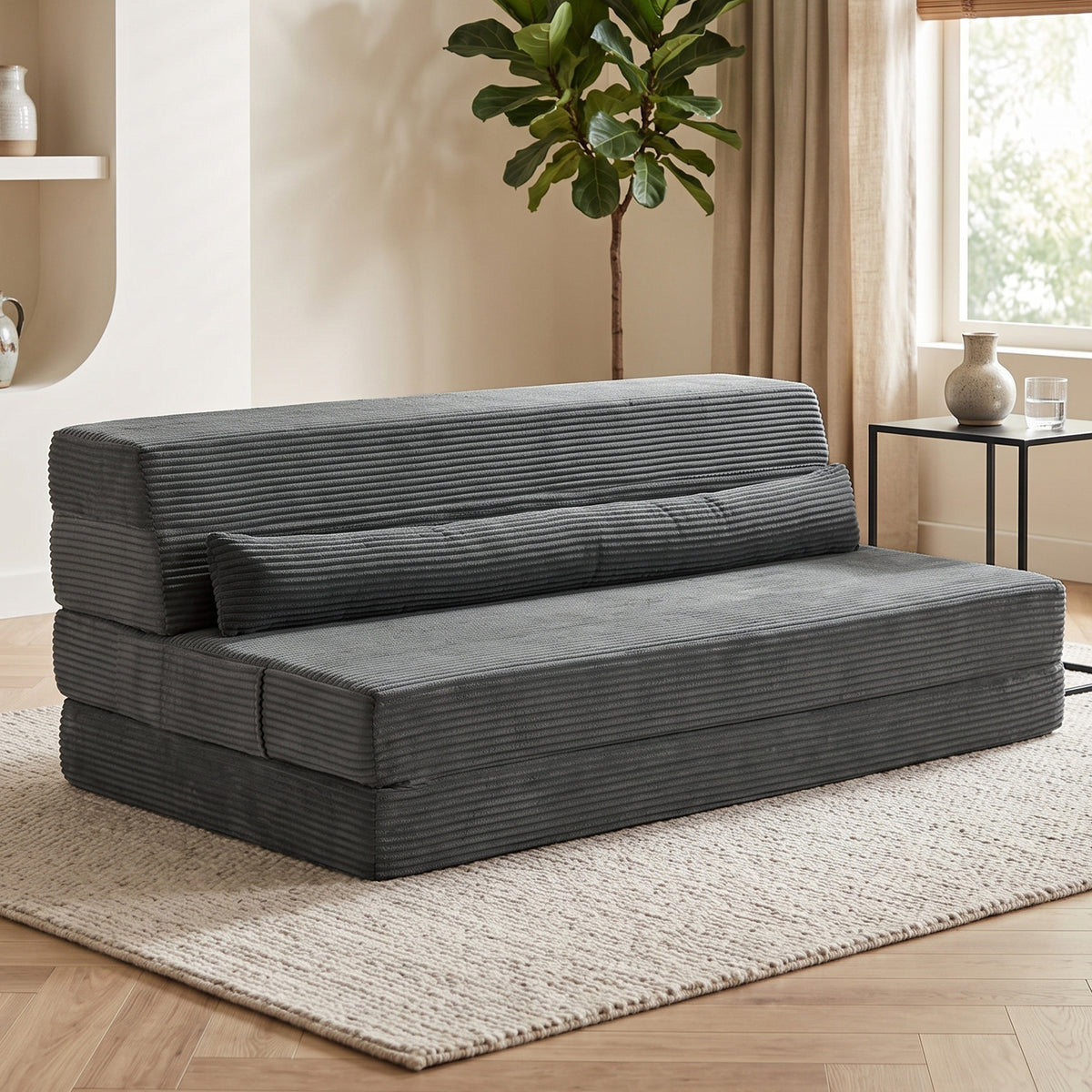 54" Folding Sofa Bed, Boneless Cloud Corduroy Sleeper Floor Chair, Floor Sofa with Back Support, Thick Cushion, Lumbar Pillow, Side Pockets for Living Room, Dark Grey