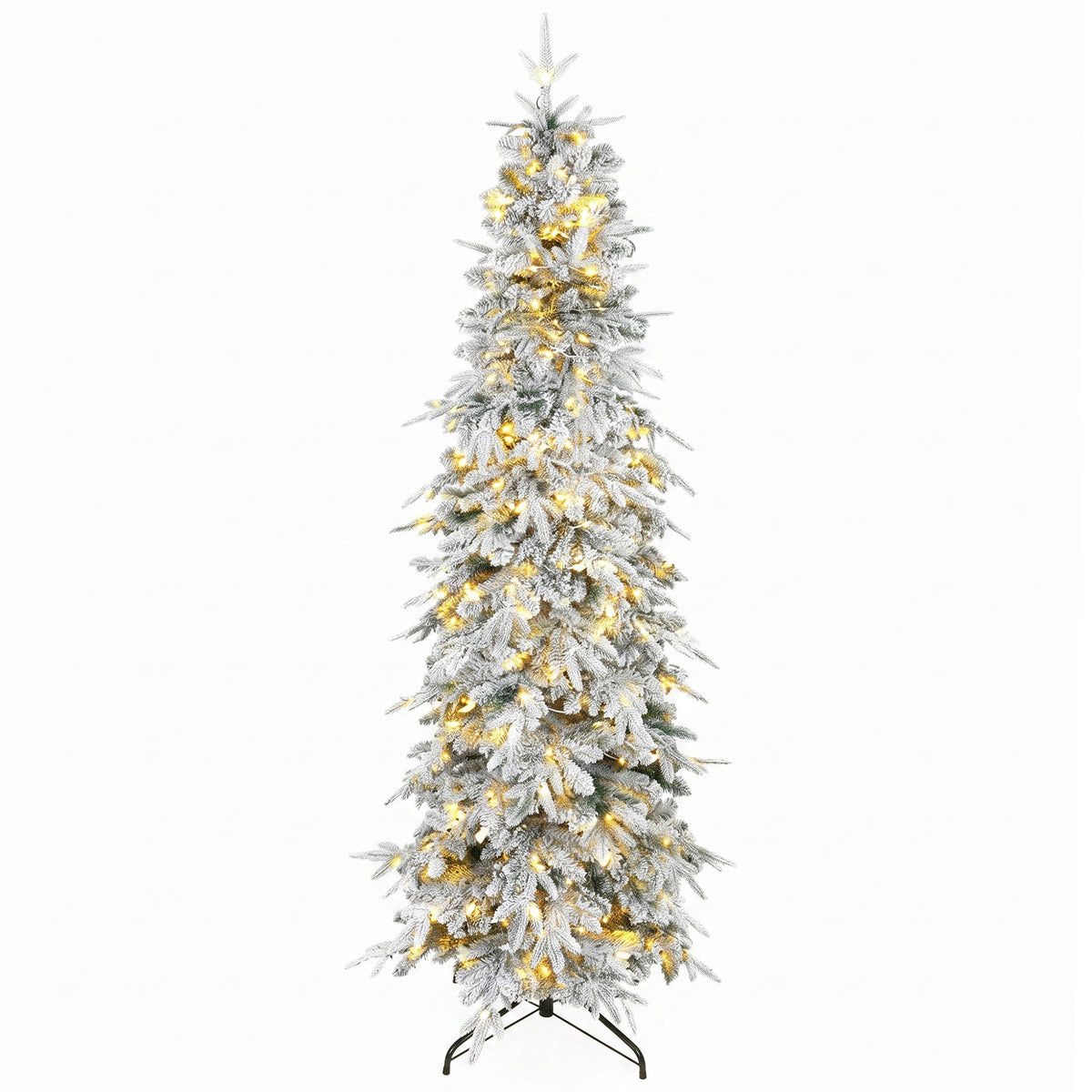 6ft Prelit Flocked Christmas Tree, Artificial Pencil Hinged Xmas Tree with Slim Downswept Shape, 280 Warm White LED Lights, 8 Modes, Daily Timer, 600 Tips, Remote, Steel Stand, Green White