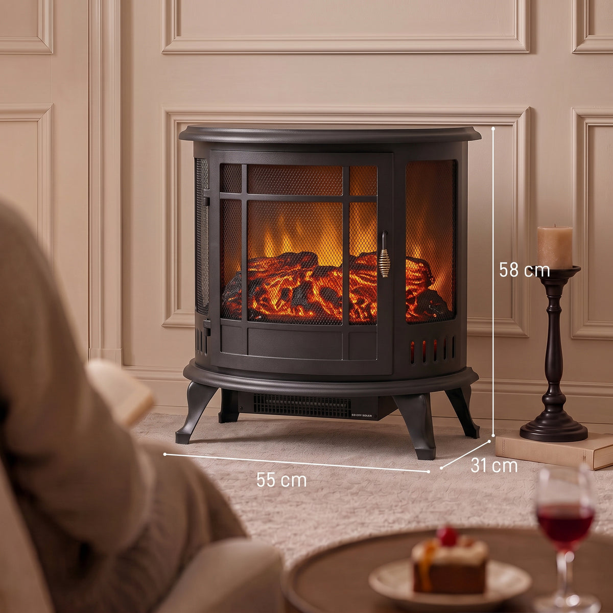 3-Sided Electric Fireplace Stove, 2000W Freestanding Log Burner, Portable Electric Fire Fan Heater with LED Flame Effect, Adjustable Thermostat, Overheat Protection, Black