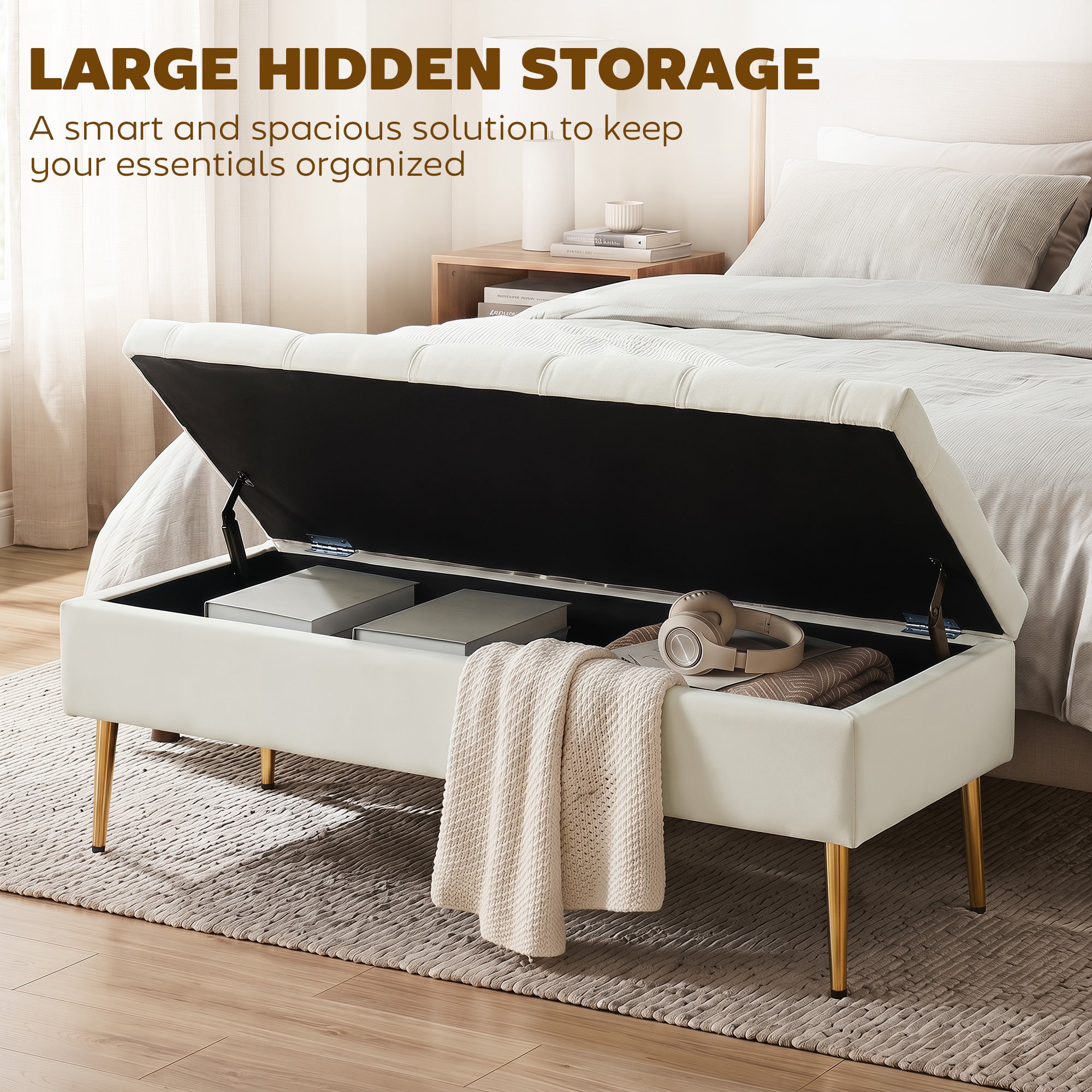 Upholstered Bedroom Bench with Gold Tone Metal Legs, Velvet Button-Tufted Storage Bench, Bench Seat with Thick Padding, Ottoman Bench for Living Room, Hallway, Beige