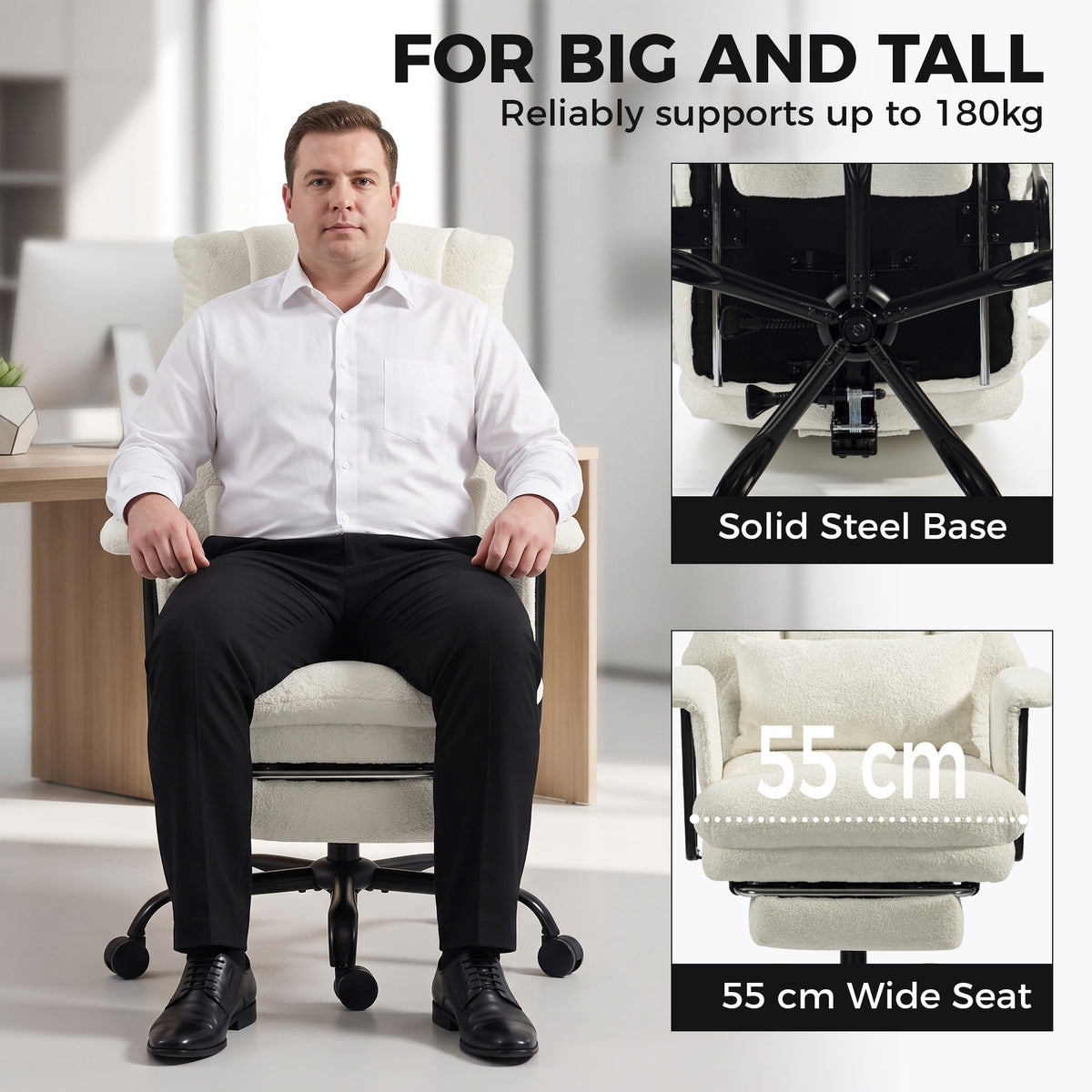 Office Chair, 400 lbs Heavy Duty Raindrop Velvet Computer Desk Chair with Lumbar Support, Wide Seat, Spring Cushion, Reclining Backrest, Footrest, Swivel Wheels, Cream White