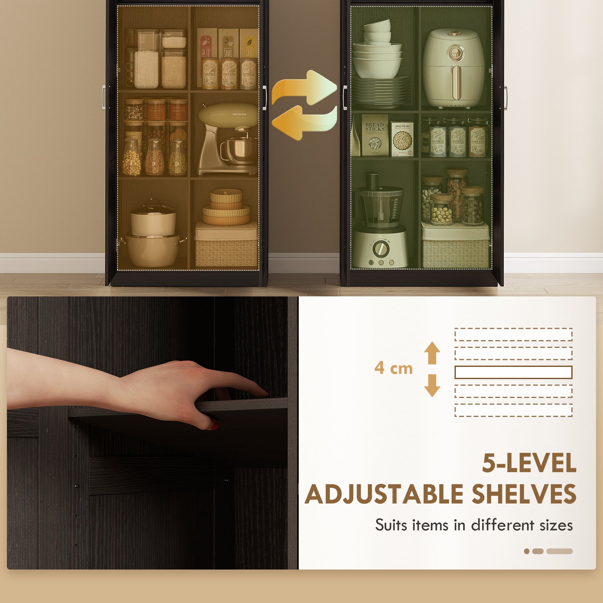 71" Tall Kitchen Pantry Cabinet with Soft-Close Hinges, Modern Farmhouse Freestanding Pantry Storage Cabinet with 2 Framed Doors, 4 Adjustable Shelves, Dark Brown