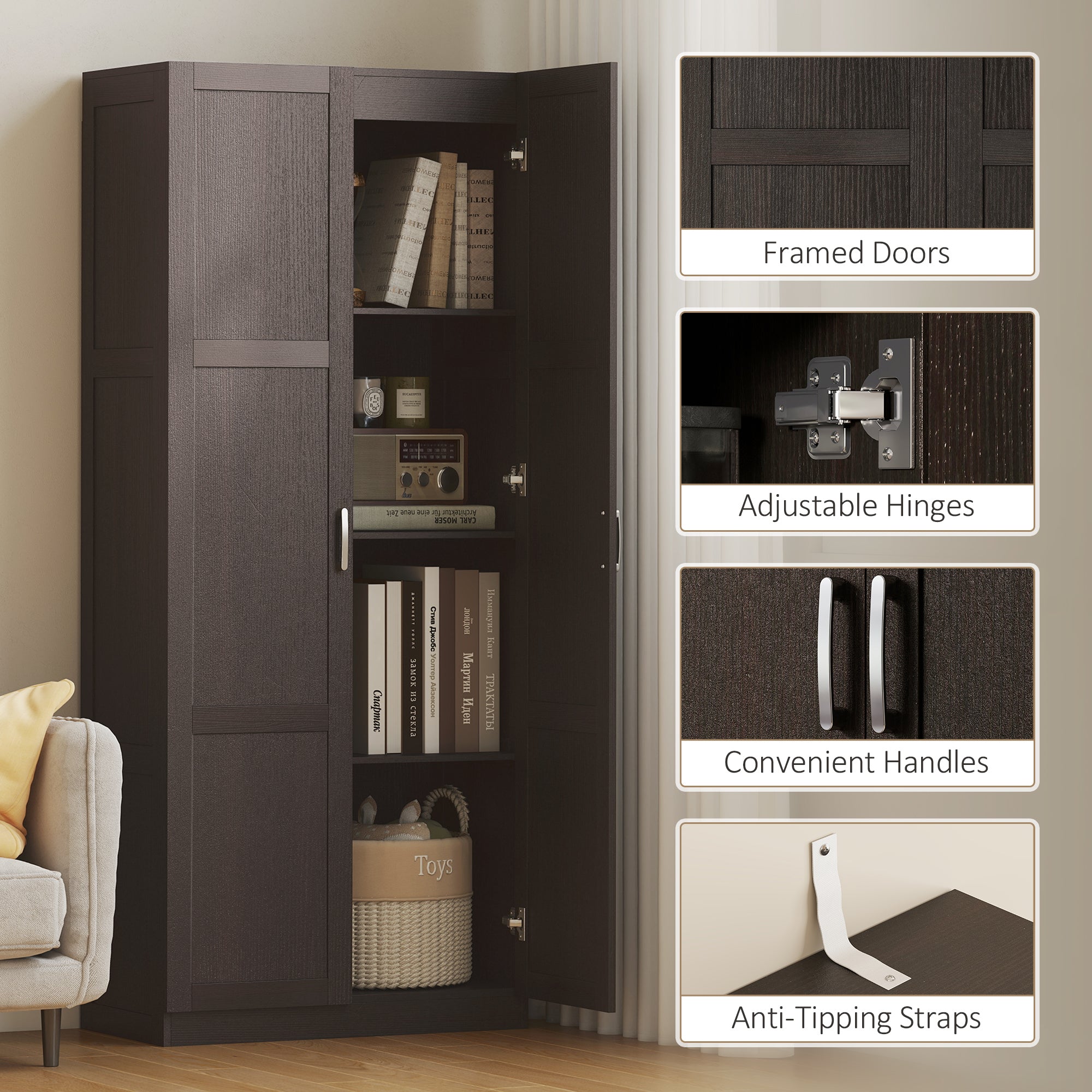 71" Tall Kitchen Pantry Cabinet with Soft-Close Hinges, Modern Farmhouse Freestanding Pantry Storage Cabinet with 2 Framed Doors, 4 Adjustable Shelves, Dark Brown