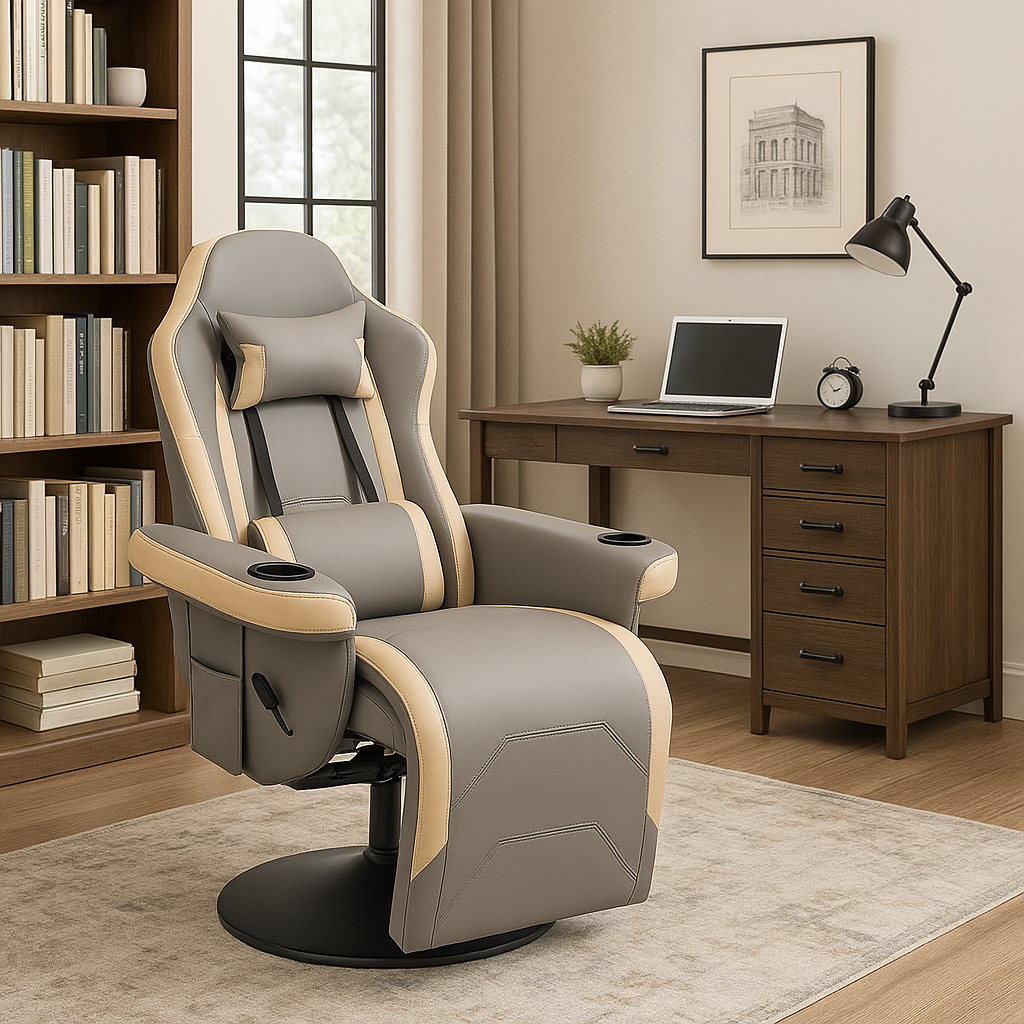 360° Swivel Manual Recliner Armchair, PU Leather Lounge Chair w/ Adjustable Rest, Grey