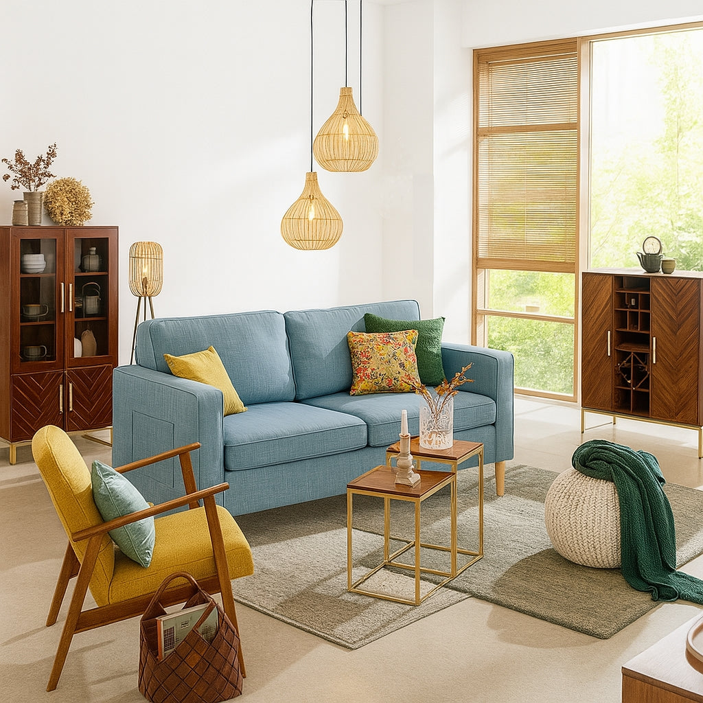 Two Seater Sofa for Living Room, Modern Fabric Couch with Wood Legs and 2 Pockets, Blue