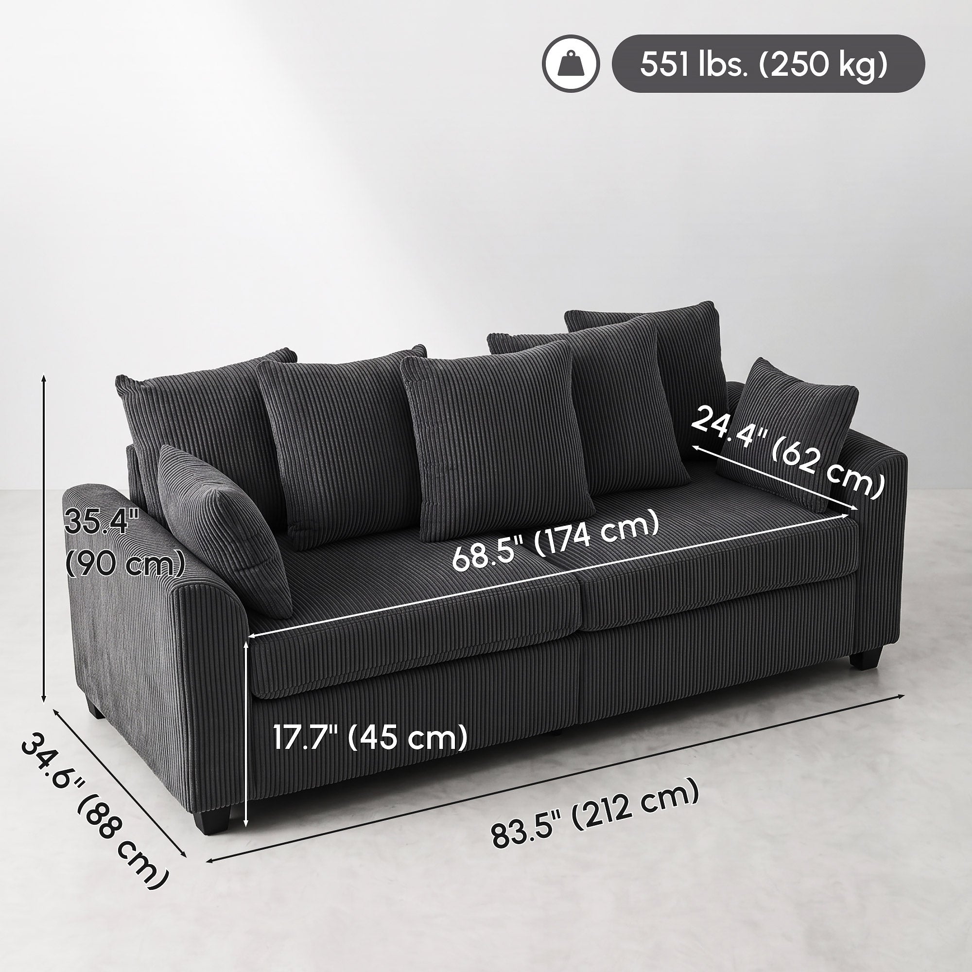 Canapé 3 places avec accoudoirs incurvés, 211 cm (83 pouces), revêtement en velours côtelé moderne, 8 coussins amovibles et rembourrage épais, gris foncé