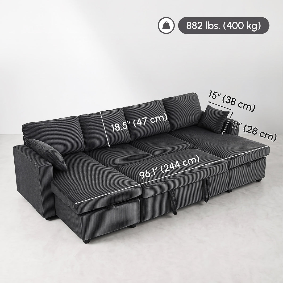 FlexLiving 111" U-Shaped Dual-Storage Sleeper Sectional, Charcoal Grey