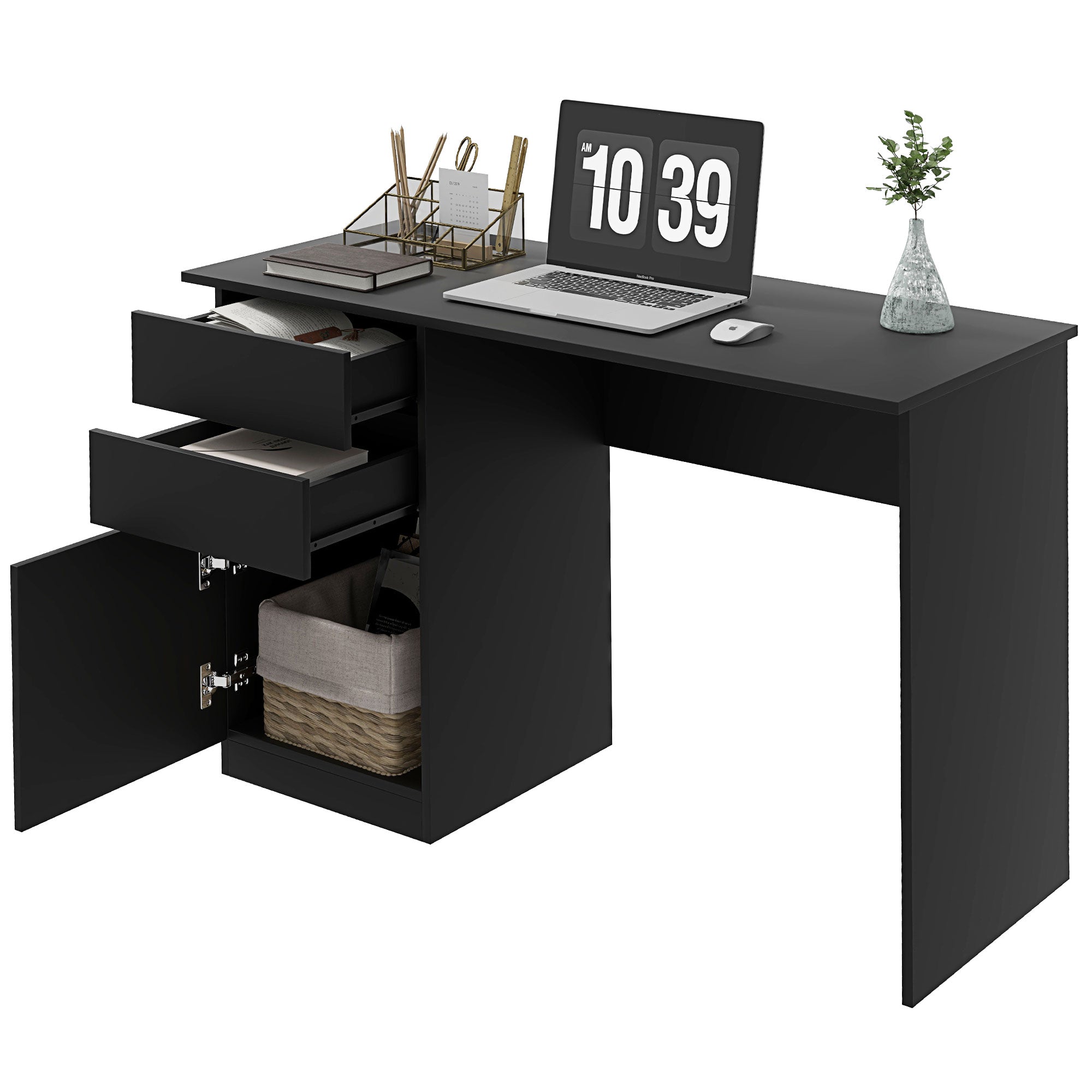 HOMCOM Modern Computer Desk, Home Office Desk for Study, Writing Workstation with Storage Drawer and Cabinet for Living Room, Black