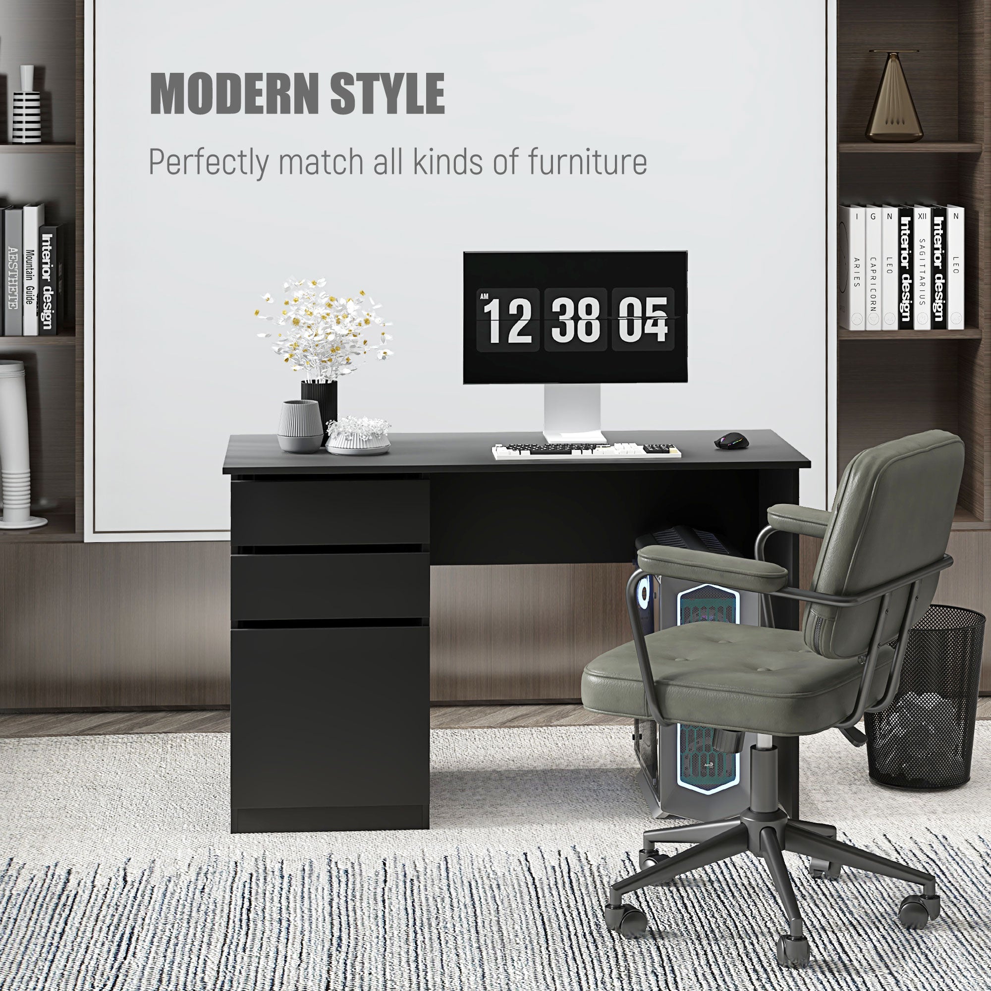 HOMCOM Modern Computer Desk, Home Office Desk for Study, Writing Workstation with Storage Drawer and Cabinet for Living Room, Black