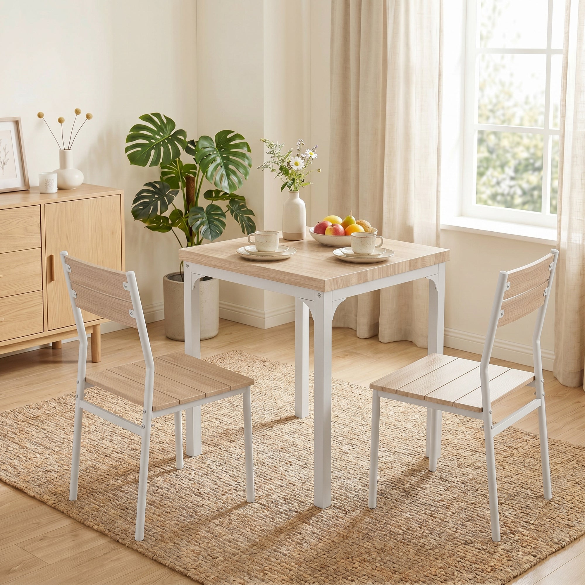 3 Pieces Modern Dining Table Set, Kitchen Table and Chairs for 2, Space Saving Design, Breakfast Nook Table Set with Steel Legs for Kitchen, Small Space, Oak Wood Effect