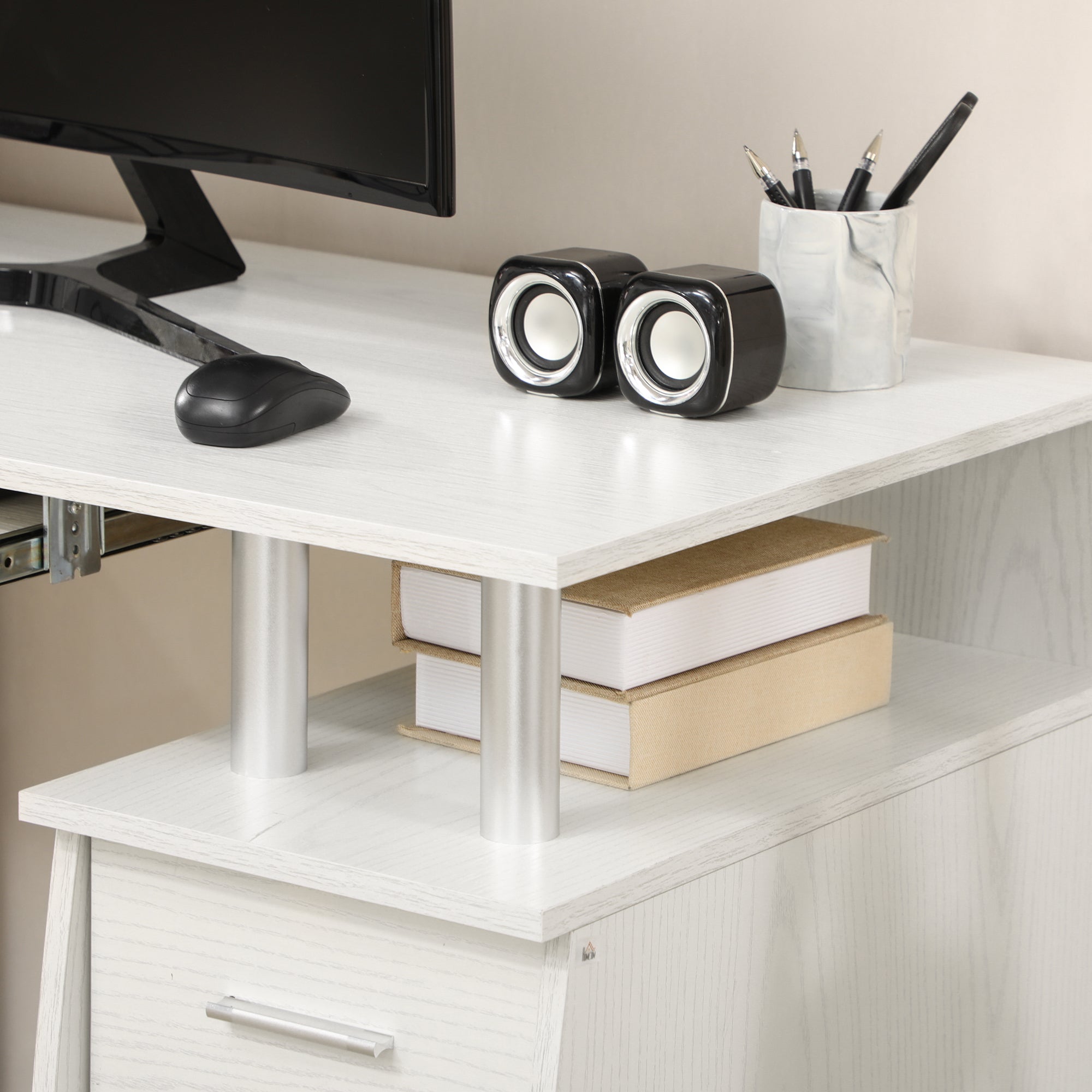 HOMCOM 47" Computer Desk with Keyboard Tray and Storage Drawers, Home Office Workstation Table with Host Cabinet, Storage Shelves, White