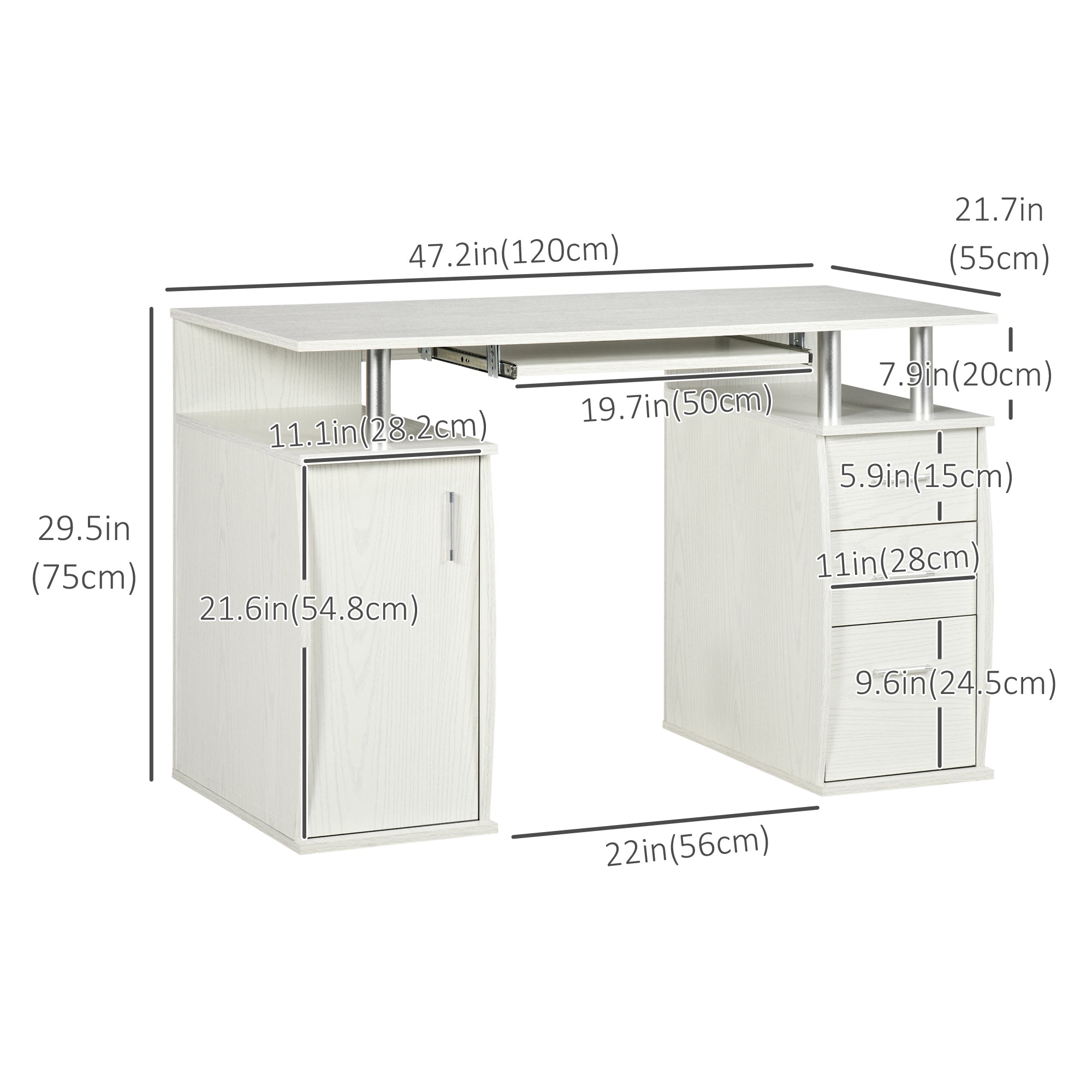 HOMCOM 47" Computer Desk with Keyboard Tray and Storage Drawers, Home Office Workstation Table with Host Cabinet, Storage Shelves, White