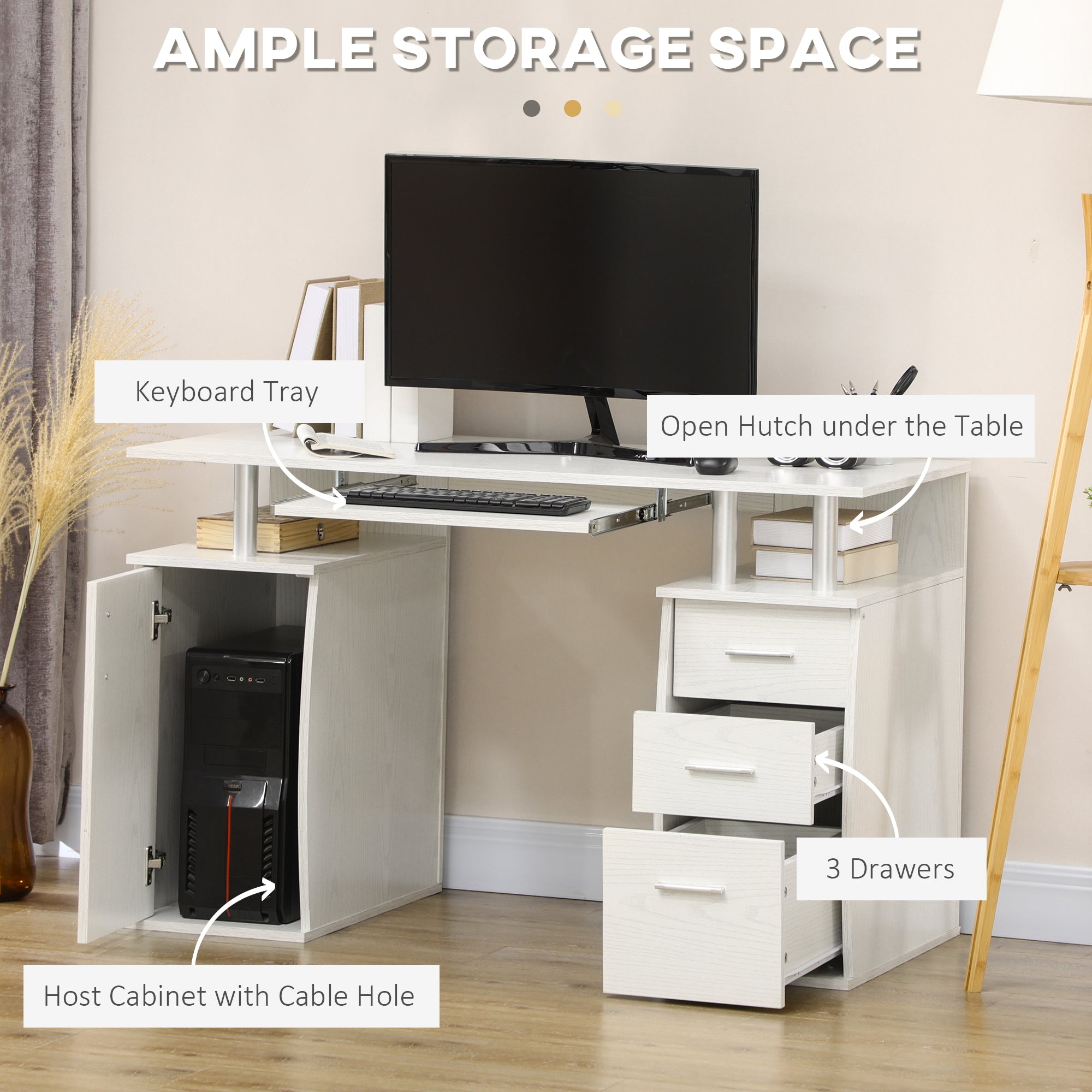 HOMCOM 47" Computer Desk with Keyboard Tray and Storage Drawers, Home Office Workstation Table with Host Cabinet, Storage Shelves, White