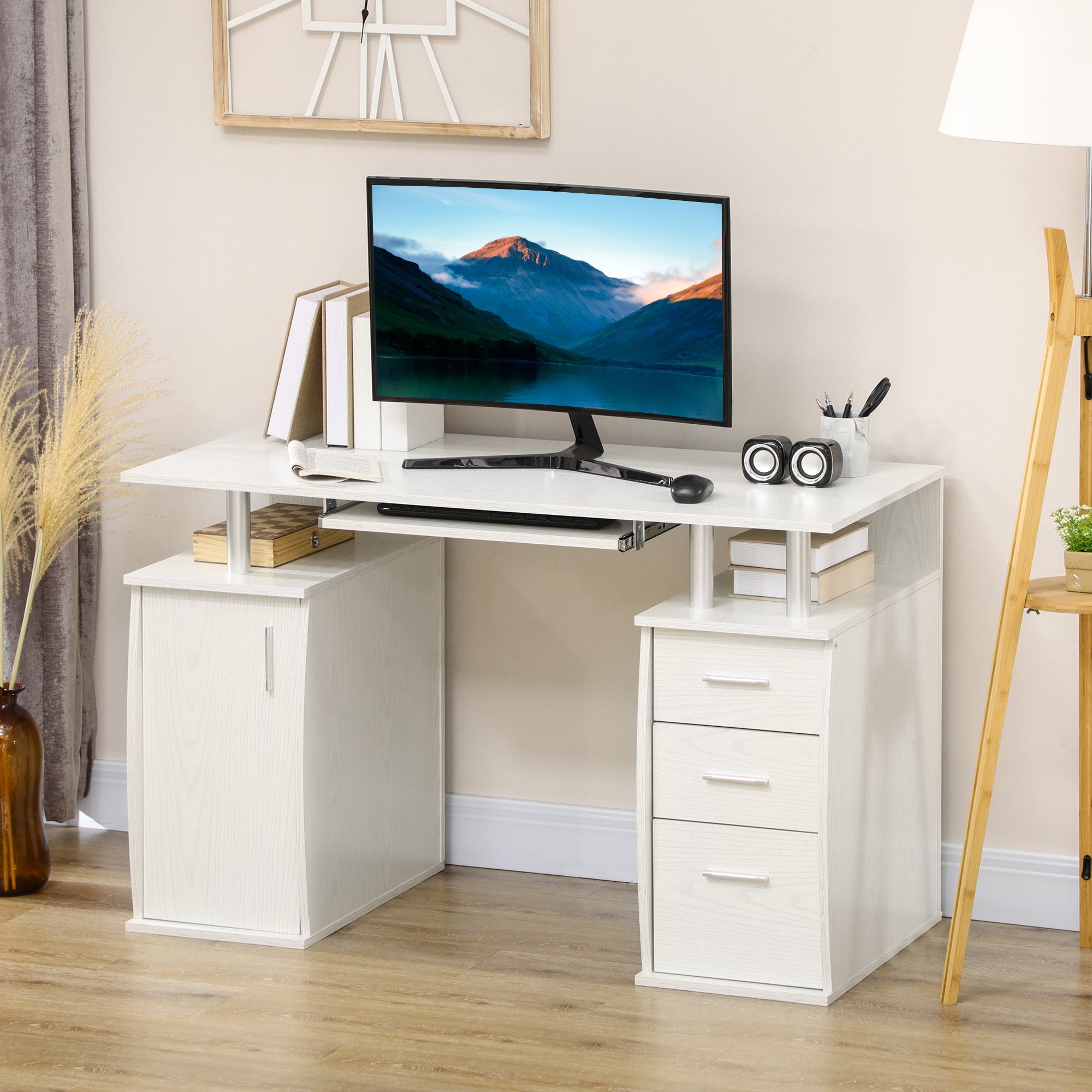 HOMCOM 47" Computer Desk with Keyboard Tray and Storage Drawers, Home Office Workstation Table with Host Cabinet, Storage Shelves, White