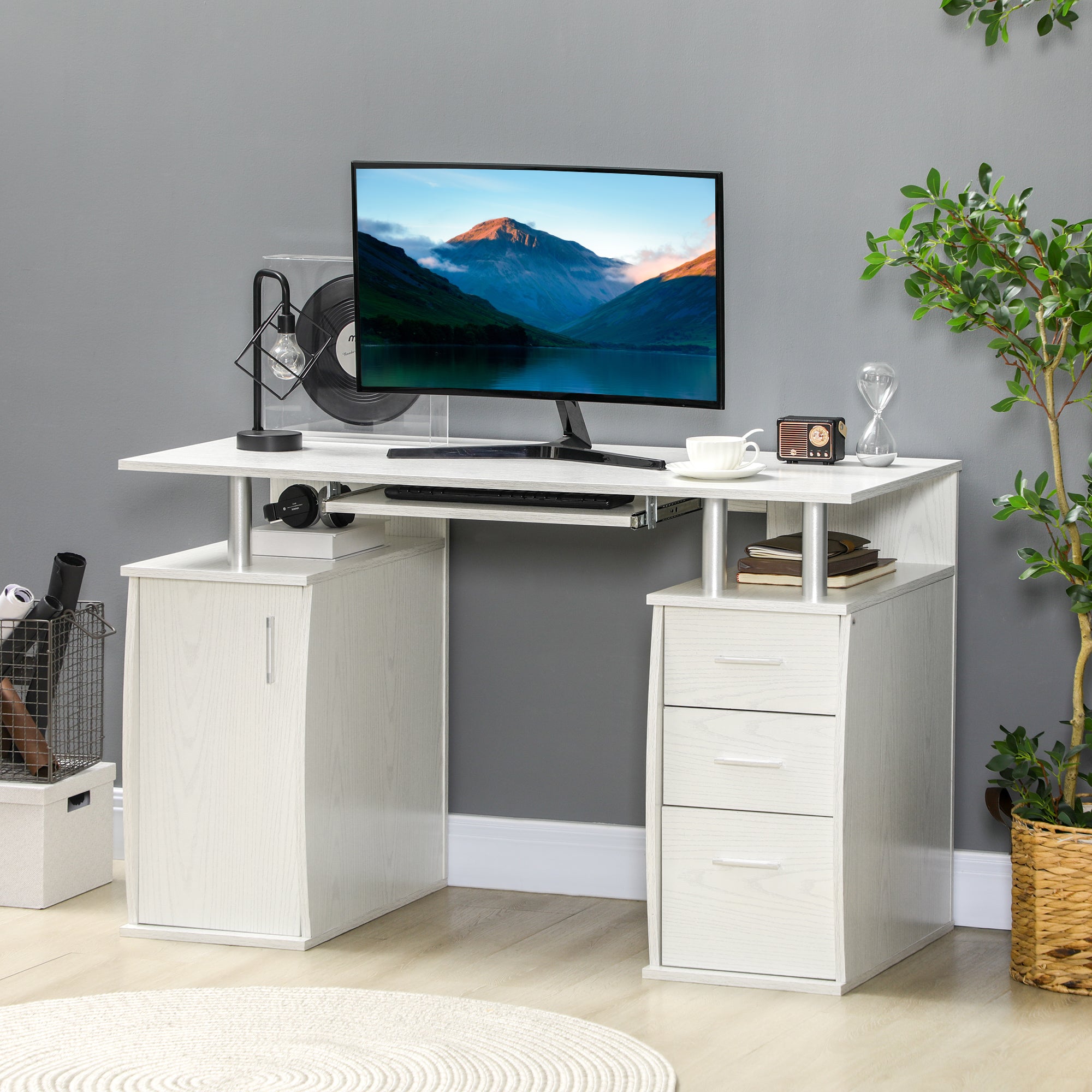 HOMCOM 47" Computer Desk with Keyboard Tray and Storage Drawers, Home Office Workstation Table with Host Cabinet, Storage Shelves, White