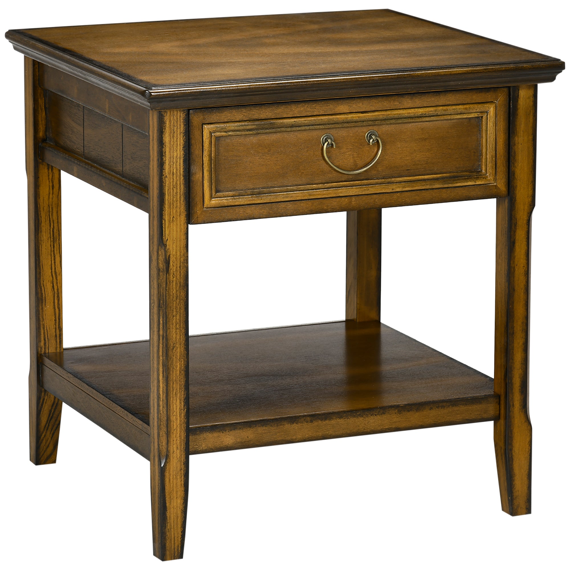 Retro Side Table with Storage Drawer and Open Shelf for Living Room Bedroom Dark Coffee