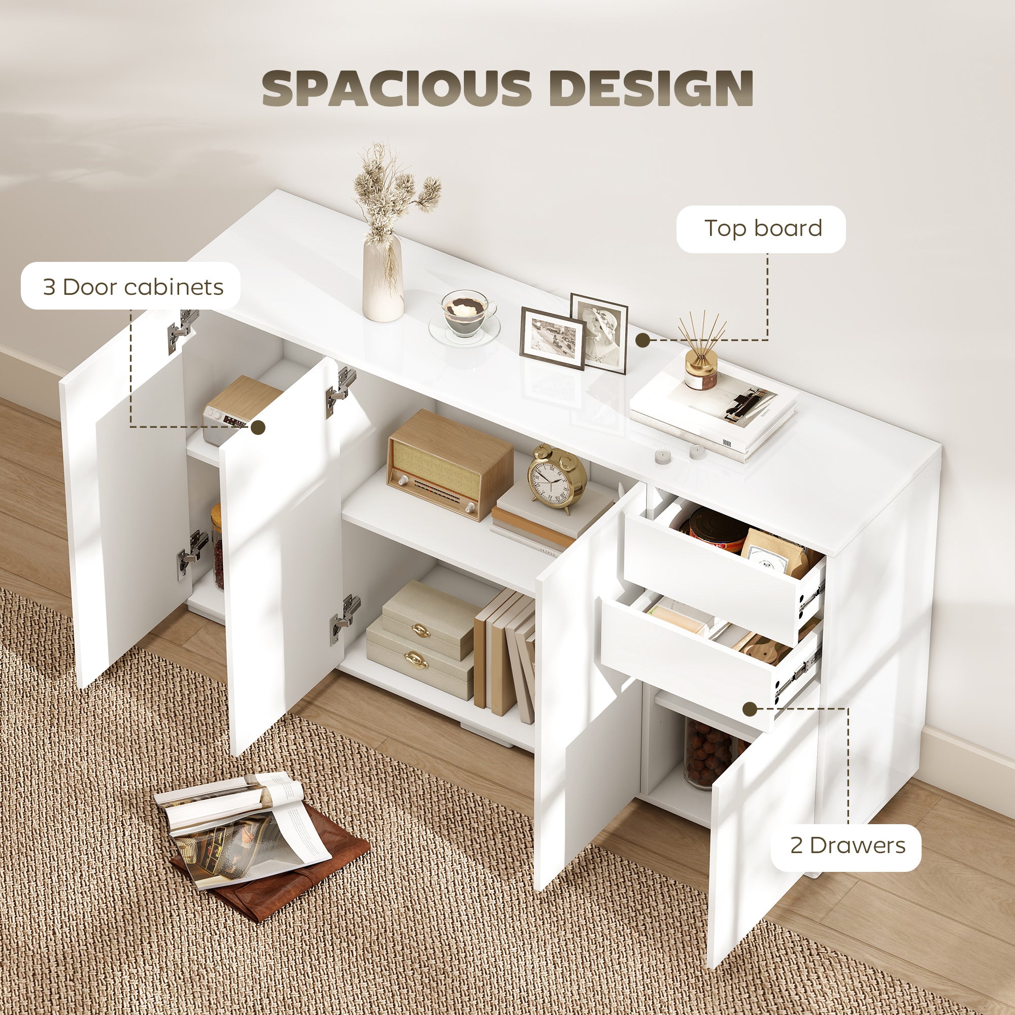 High Gloss Buffet Sideboard with 2 Drawers, 4 Doors and Adjustable Shelf, Kitchen Storage Cabinet with Push Open Design, White