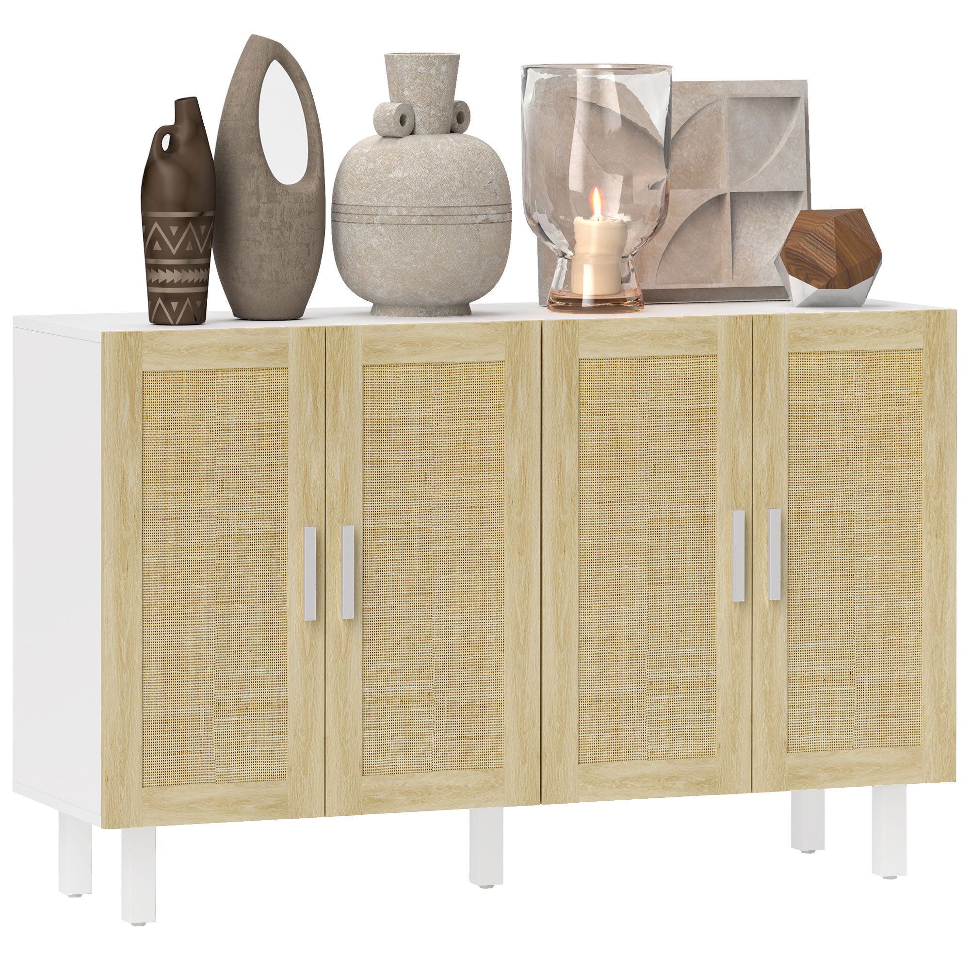 Boho Kitchen Cabinet Buffet Cabinet with 4 Rattan Doors and Adjustable Shelves White and Natural