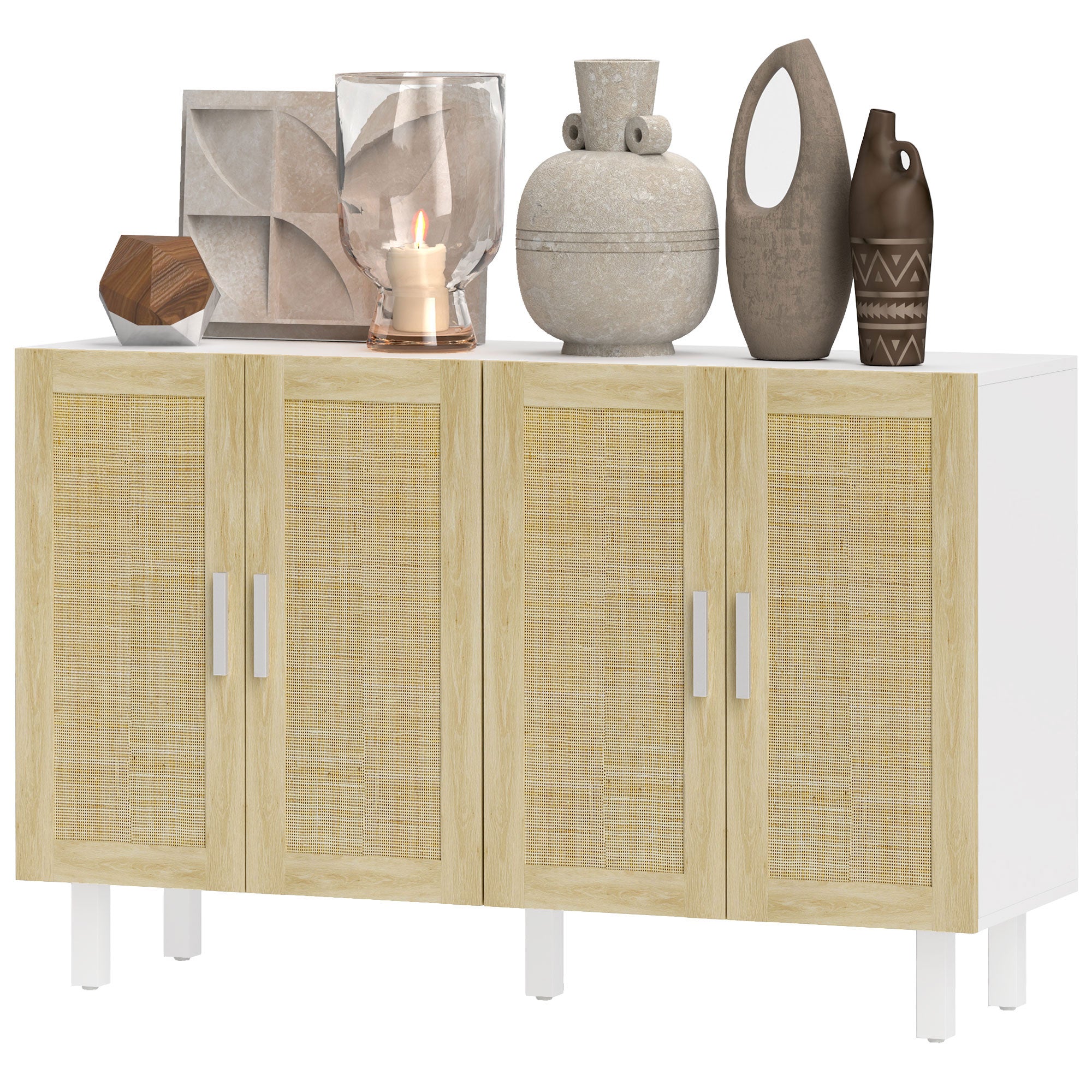 Boho Kitchen Cabinet Buffet Cabinet with 4 Rattan Doors and Adjustable Shelves White and Natural